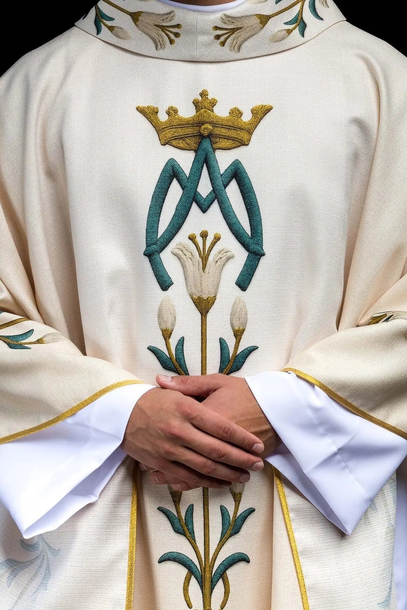 Chasuble mariale imprimée avec motif de lys et monogramme écru