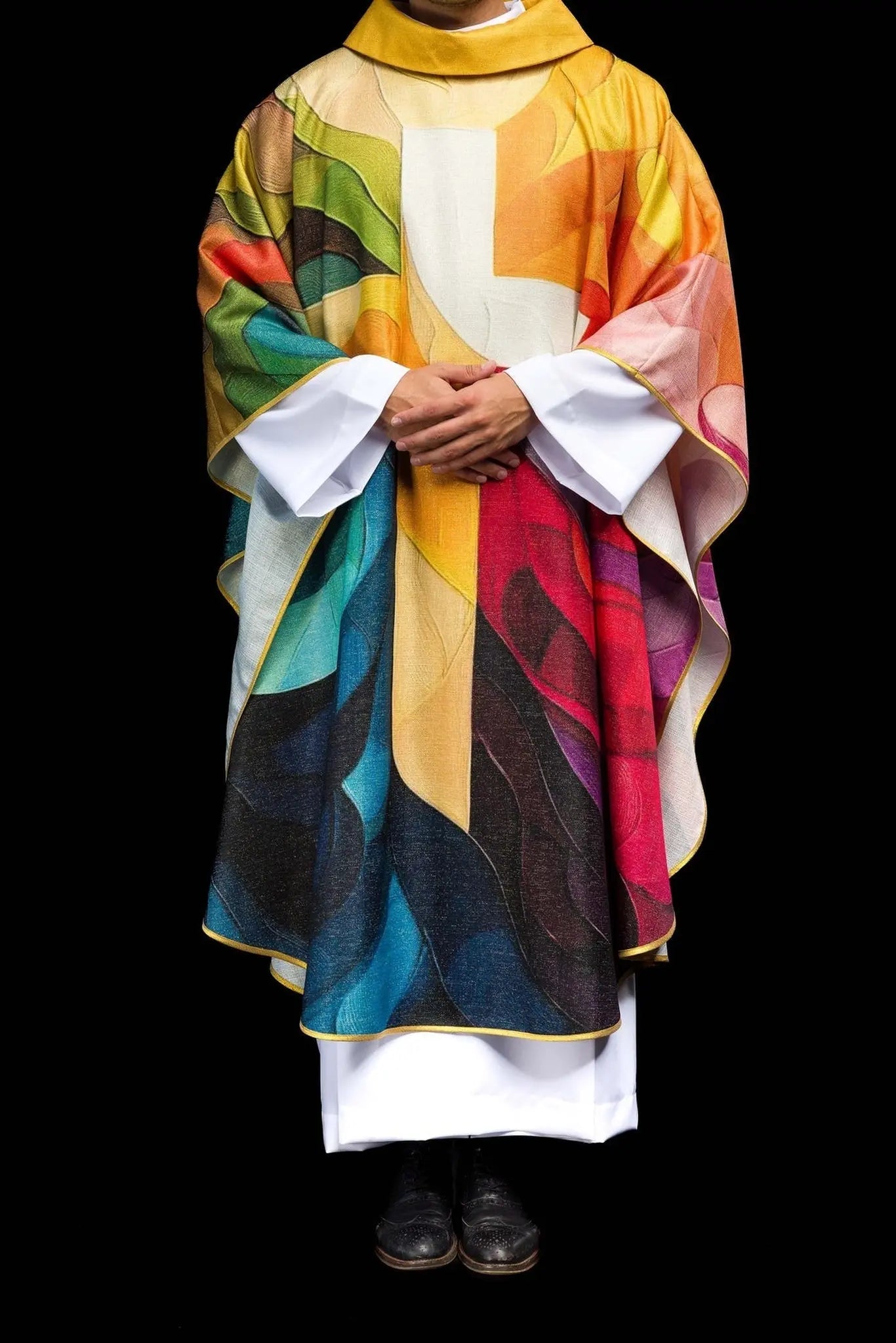 Multicolored printed chasuble with a cross motif