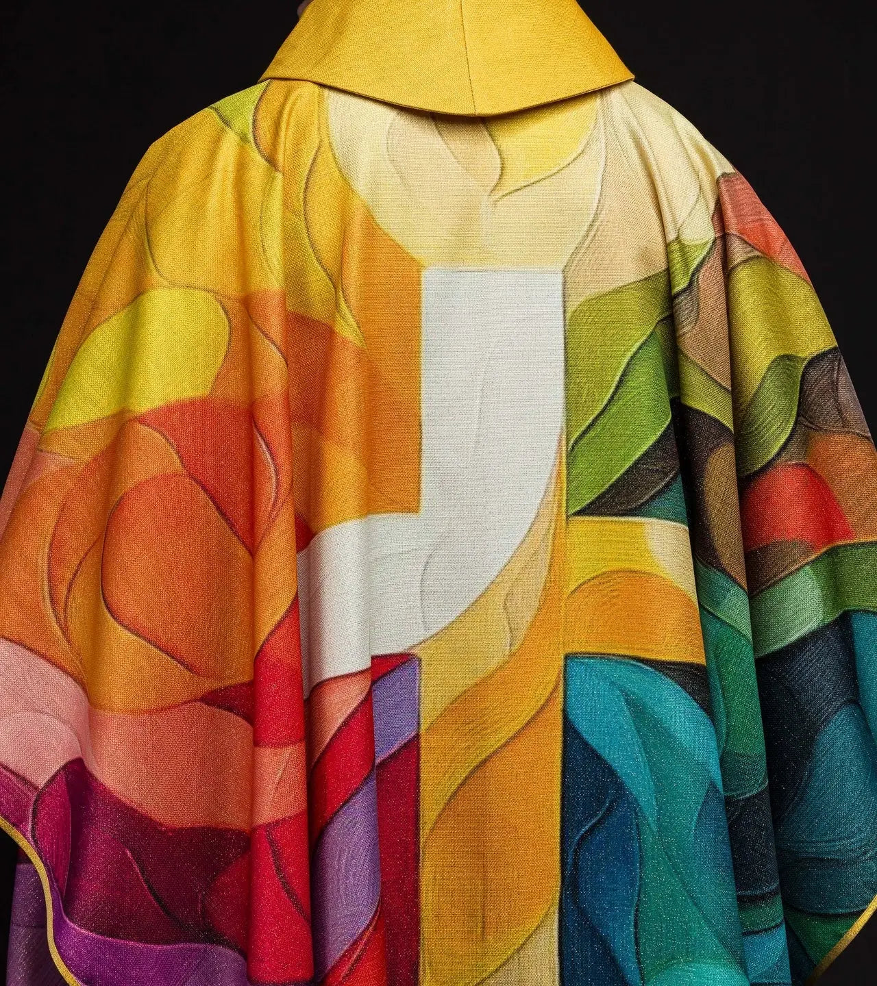 Multicolored printed chasuble with a cross motif