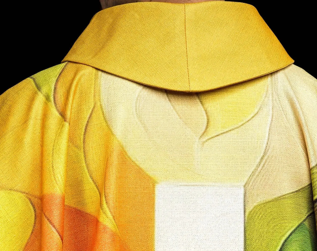 Multicolored printed chasuble with a cross motif