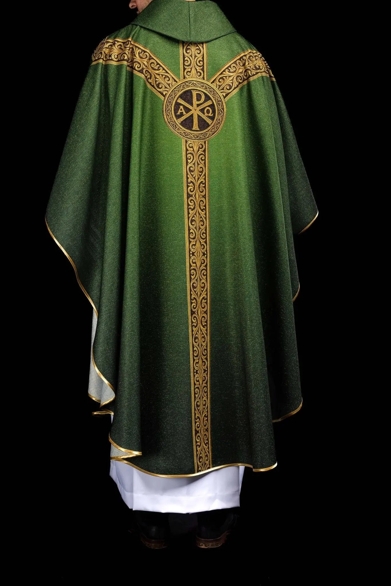 Green printed “Pax” chasuble with rich gold decoration