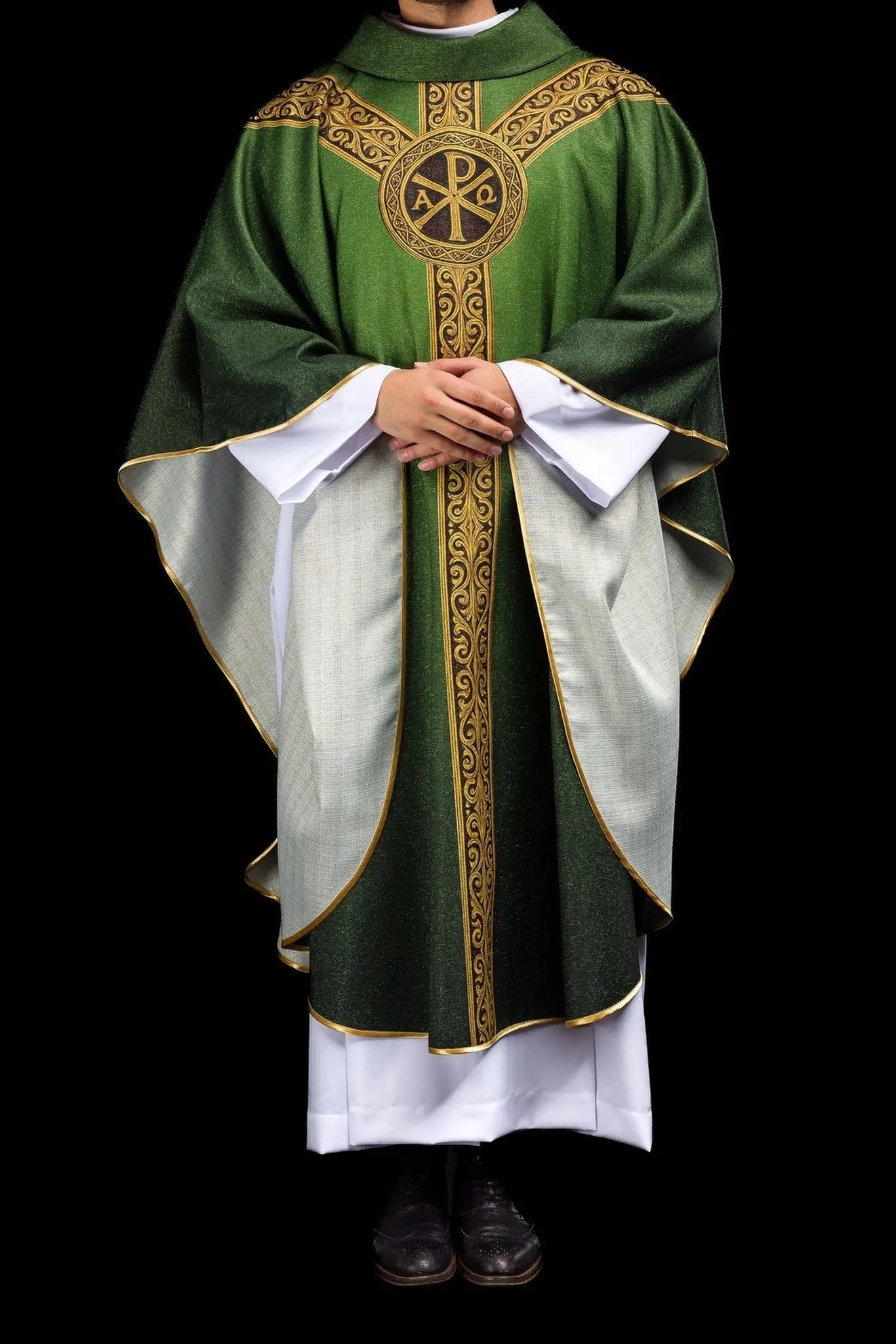 Green printed “Pax” chasuble with rich gold decoration