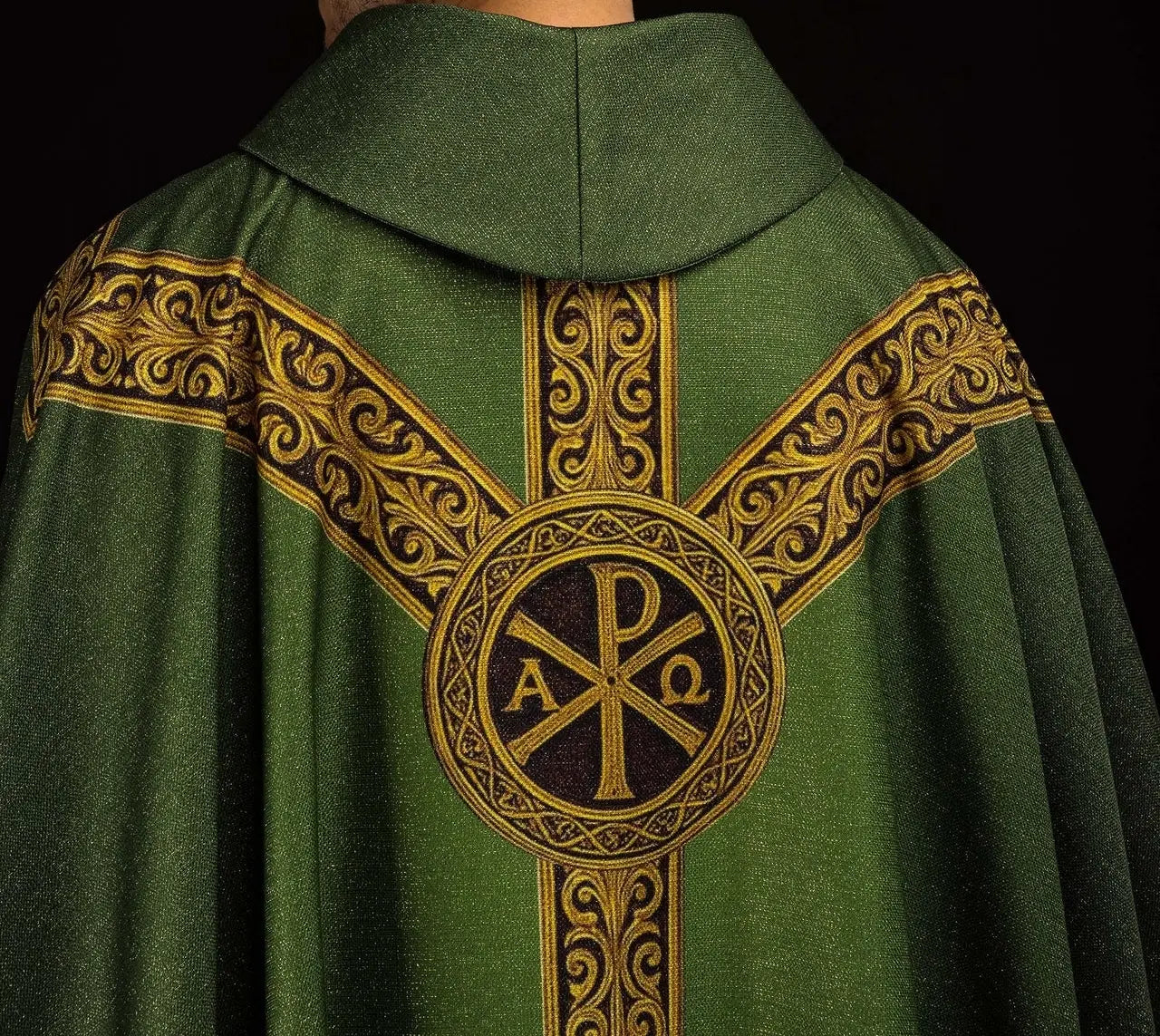 Green printed “Pax” chasuble with rich gold decoration