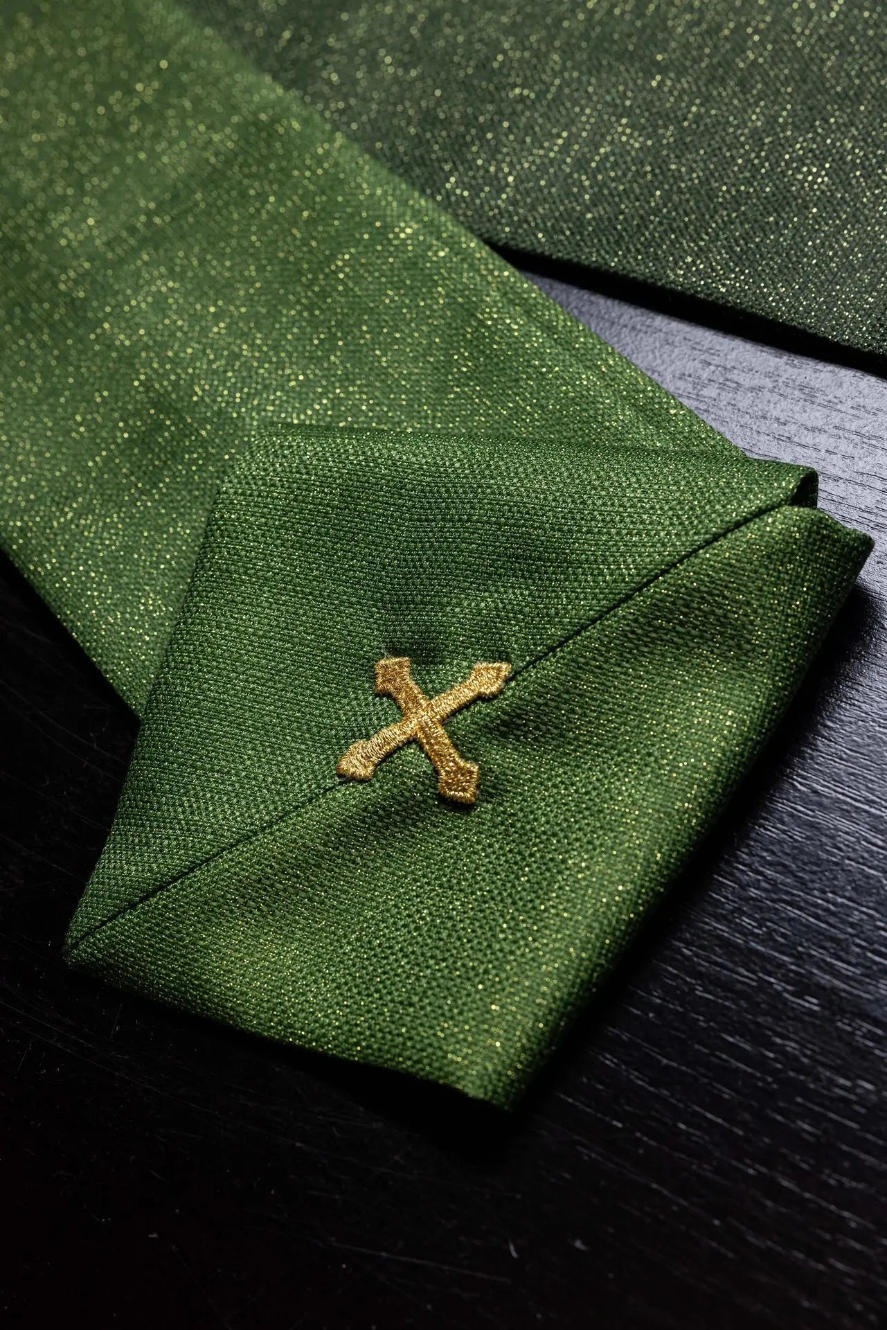 Green printed “Pax” chasuble with rich gold decoration