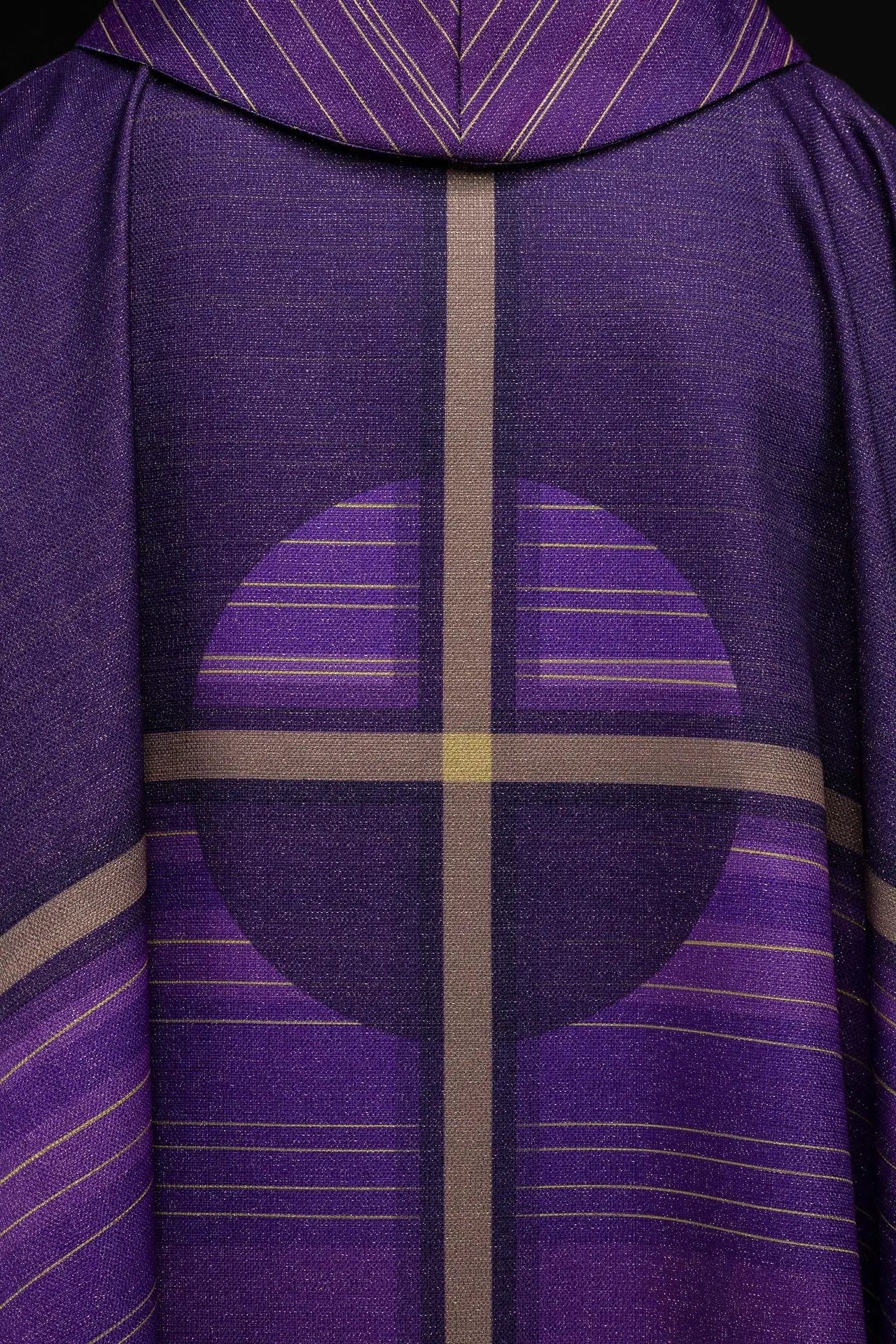 Purple printed chasuble with a cross motif