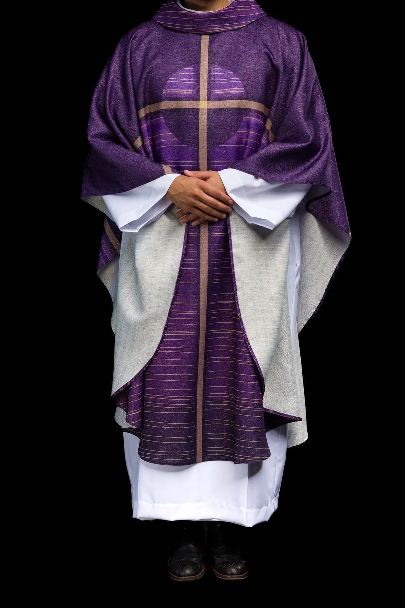 Purple printed chasuble with a cross motif
