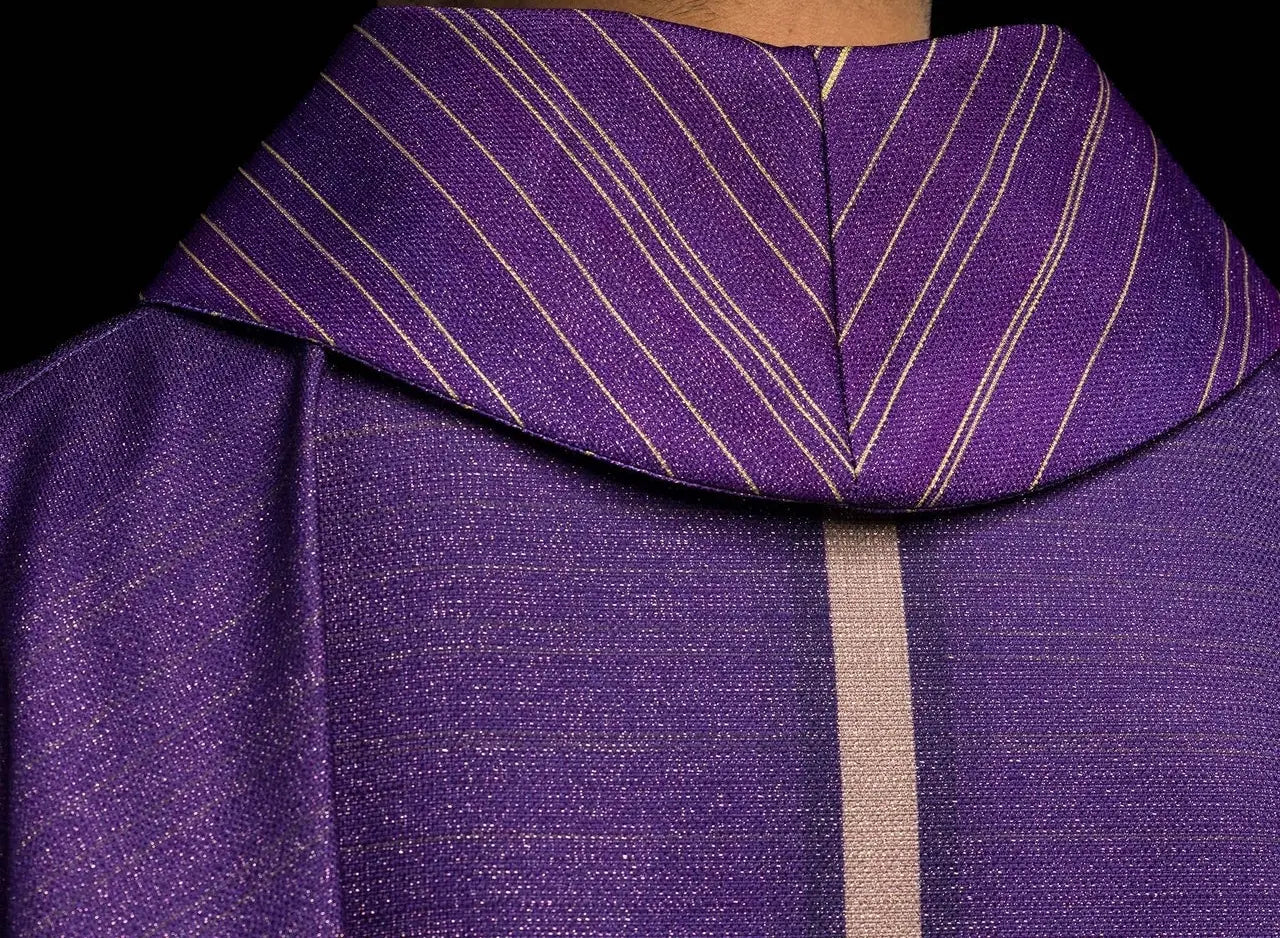 Purple printed chasuble with a cross motif