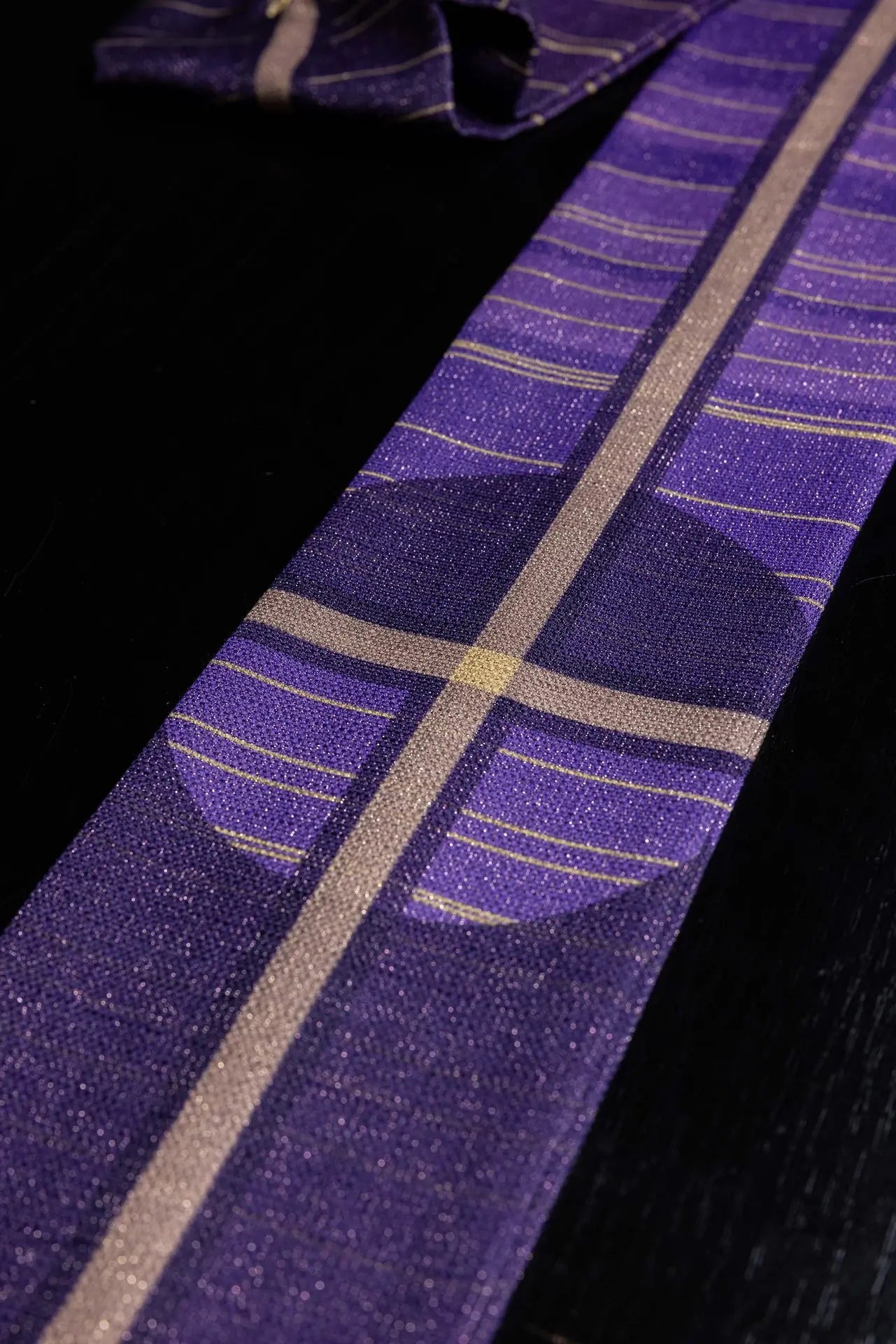 Purple printed chasuble with a cross motif