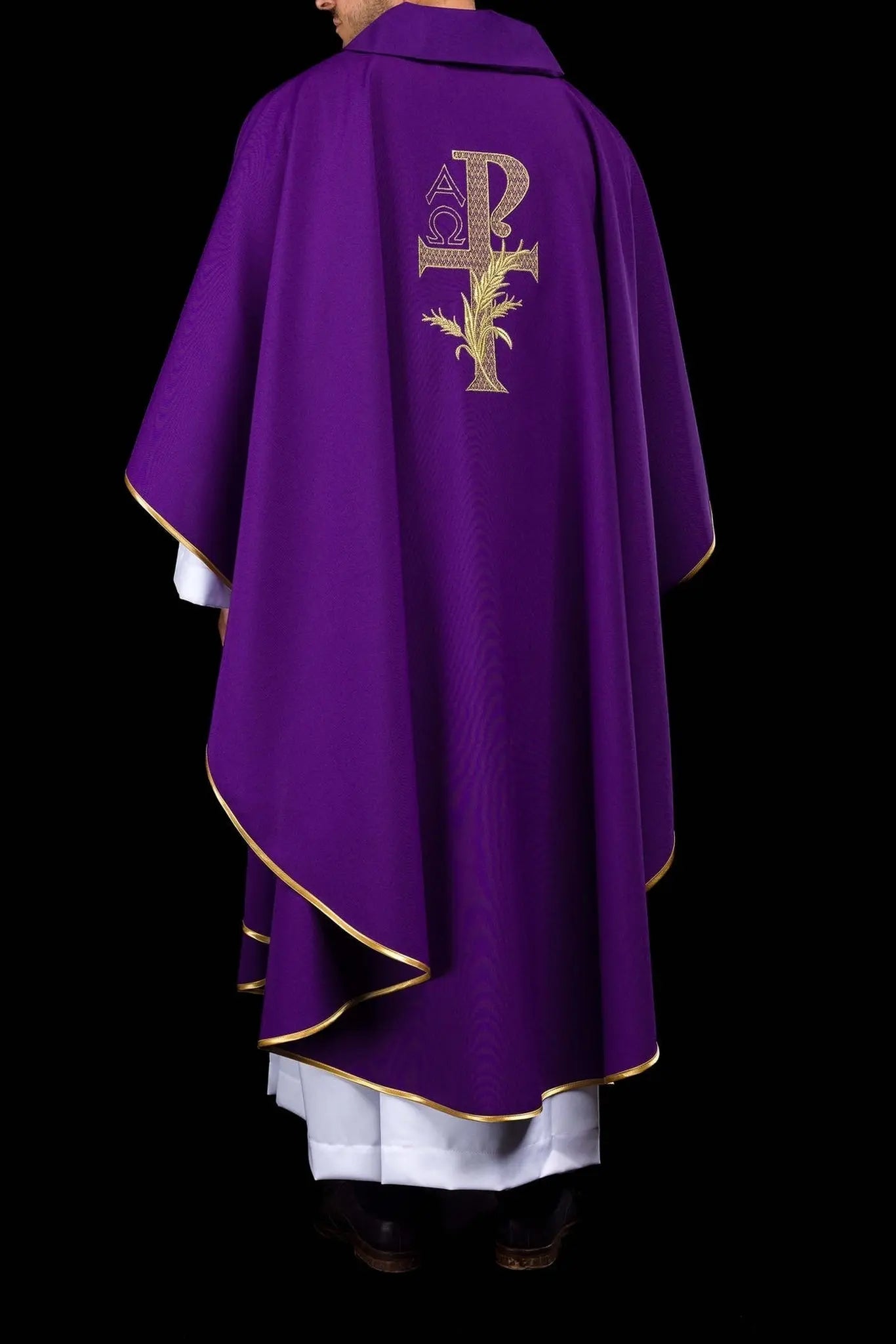 Embroidered chasuble with the Alpha and Omega symbol and wide collar purple