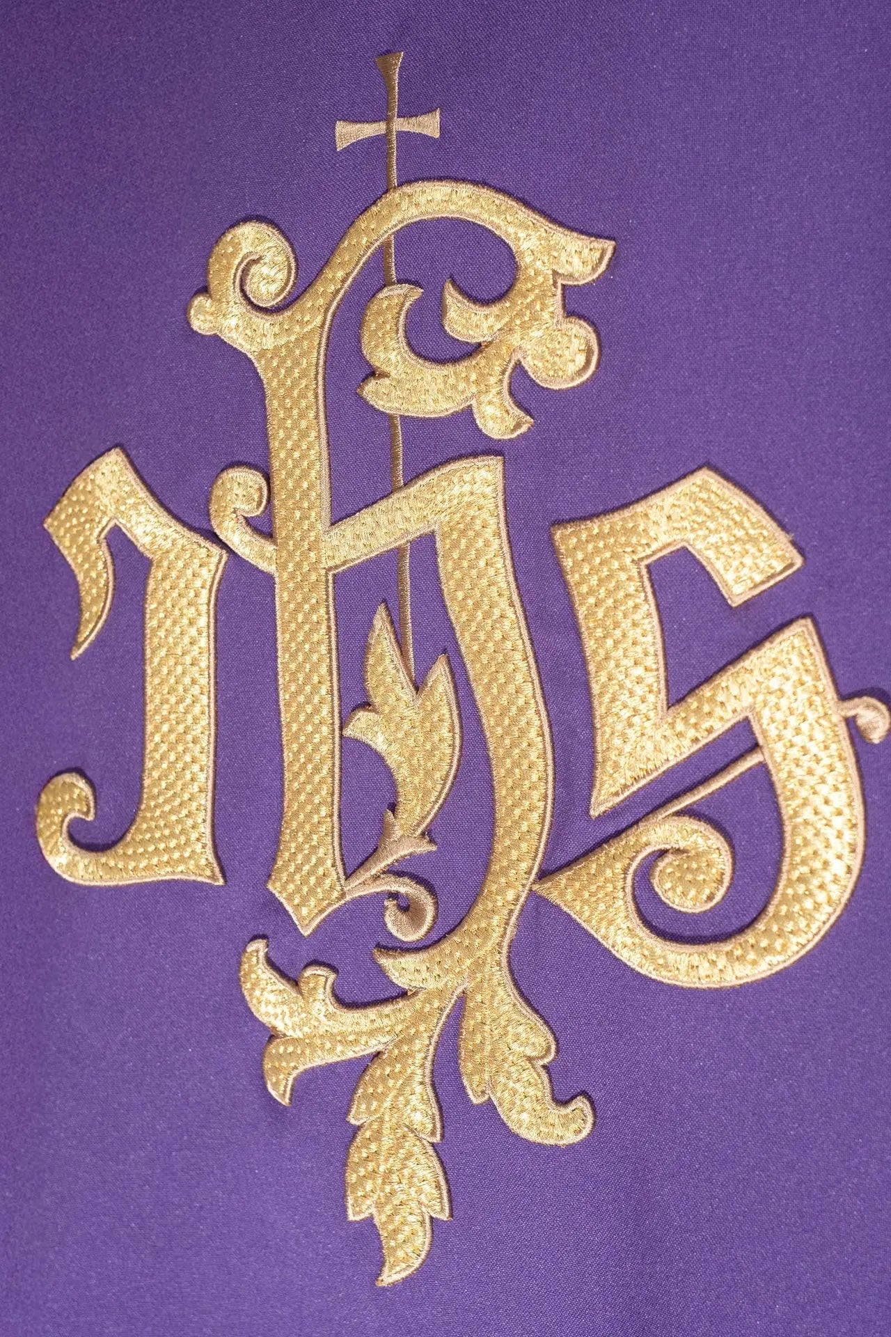 Purple chasuble with gold IHS embroidery