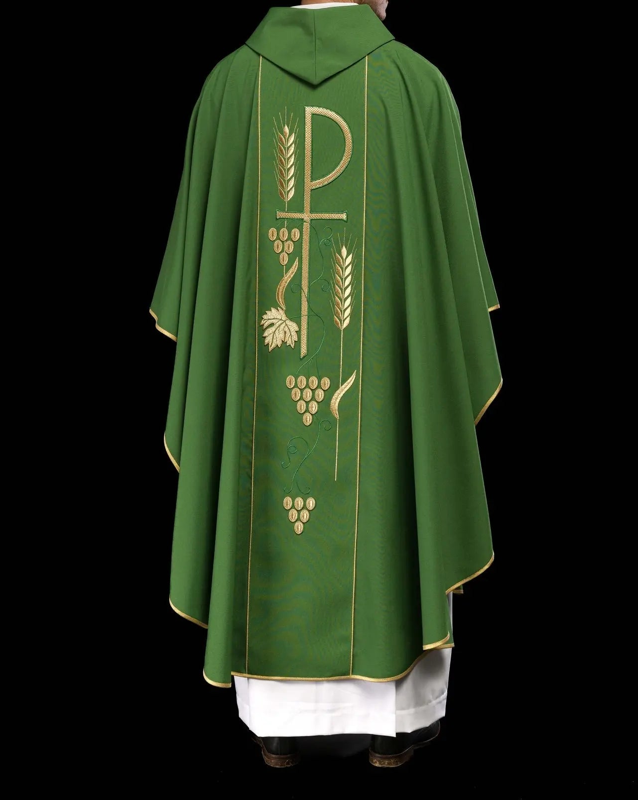 Green chasuble embroidered with IHS chalice design