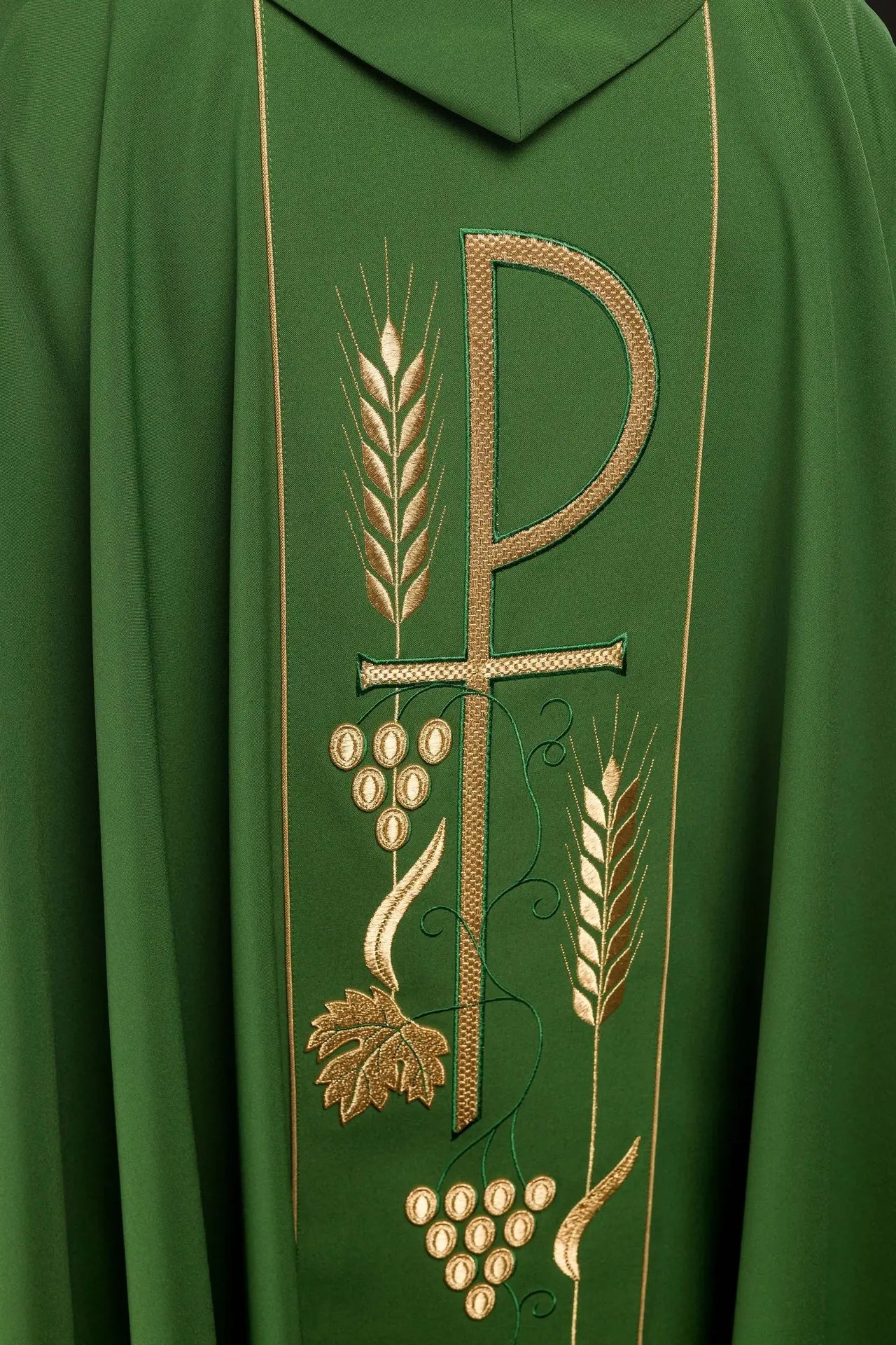 Green chasuble embroidered with IHS chalice design
