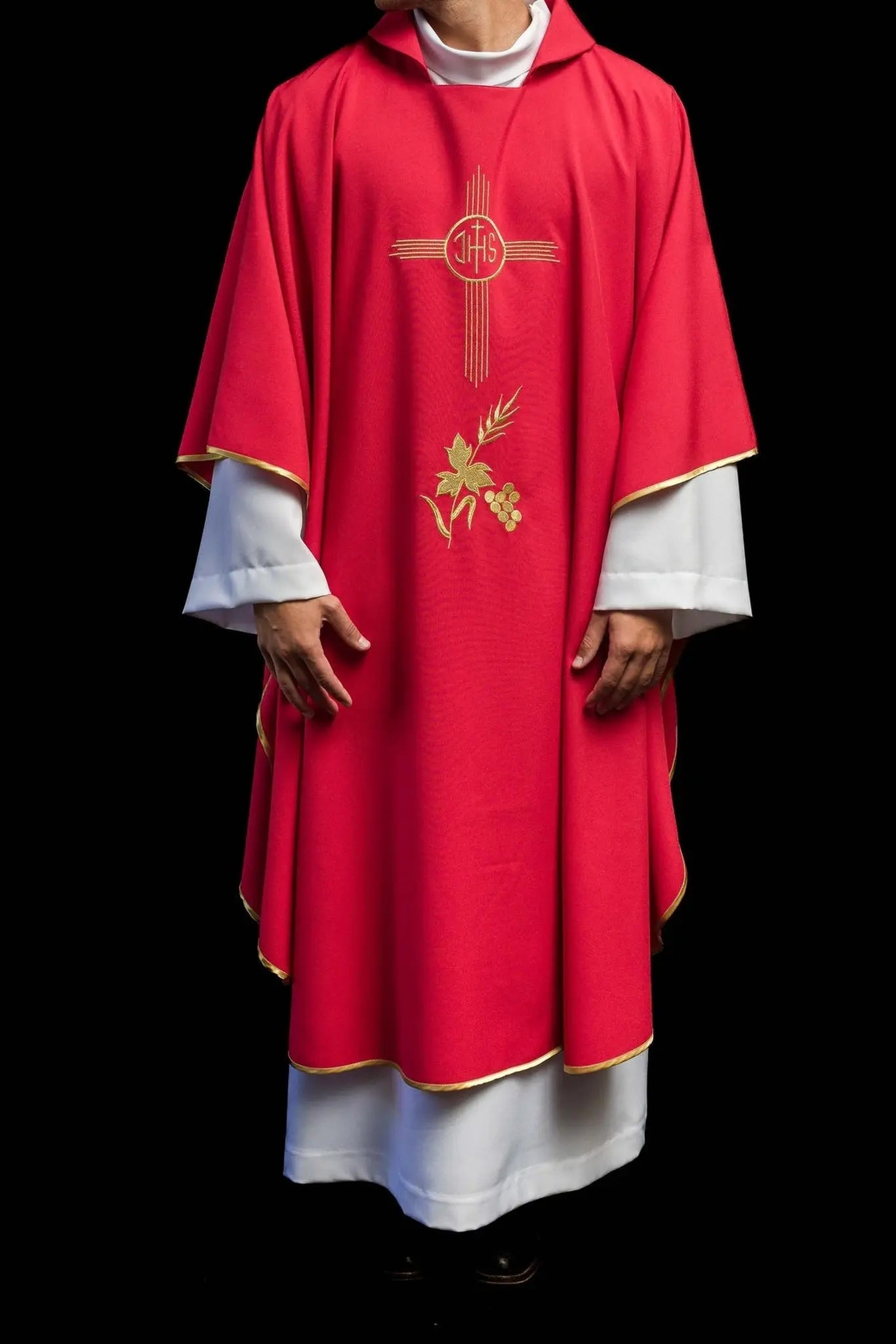 Red Embroidered Chasuble with Wide Collar and IHS Motif