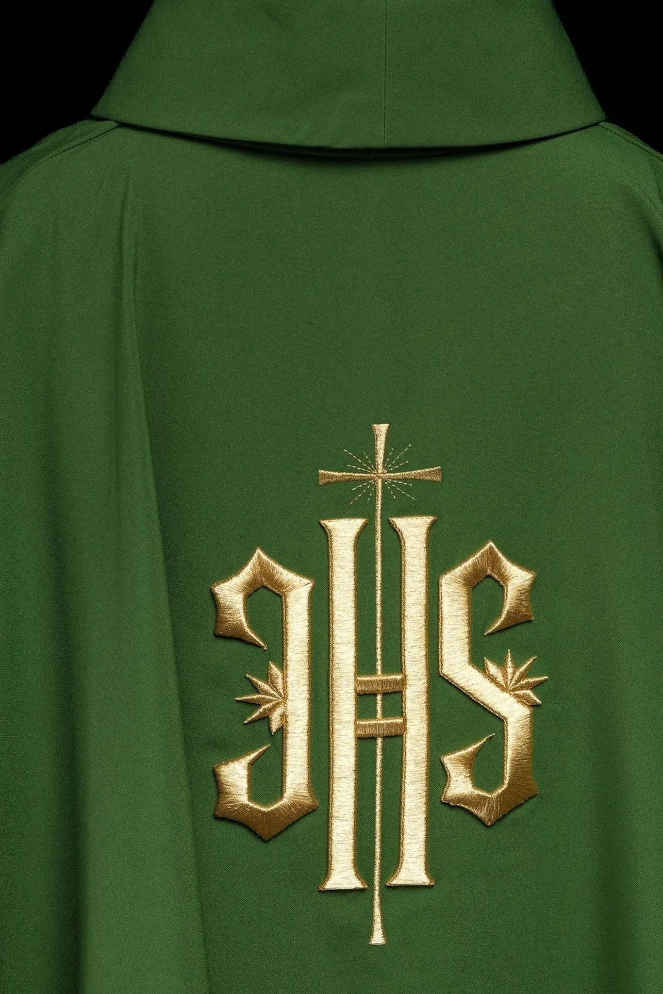 Green embroidered chasuble with gold IHS motif