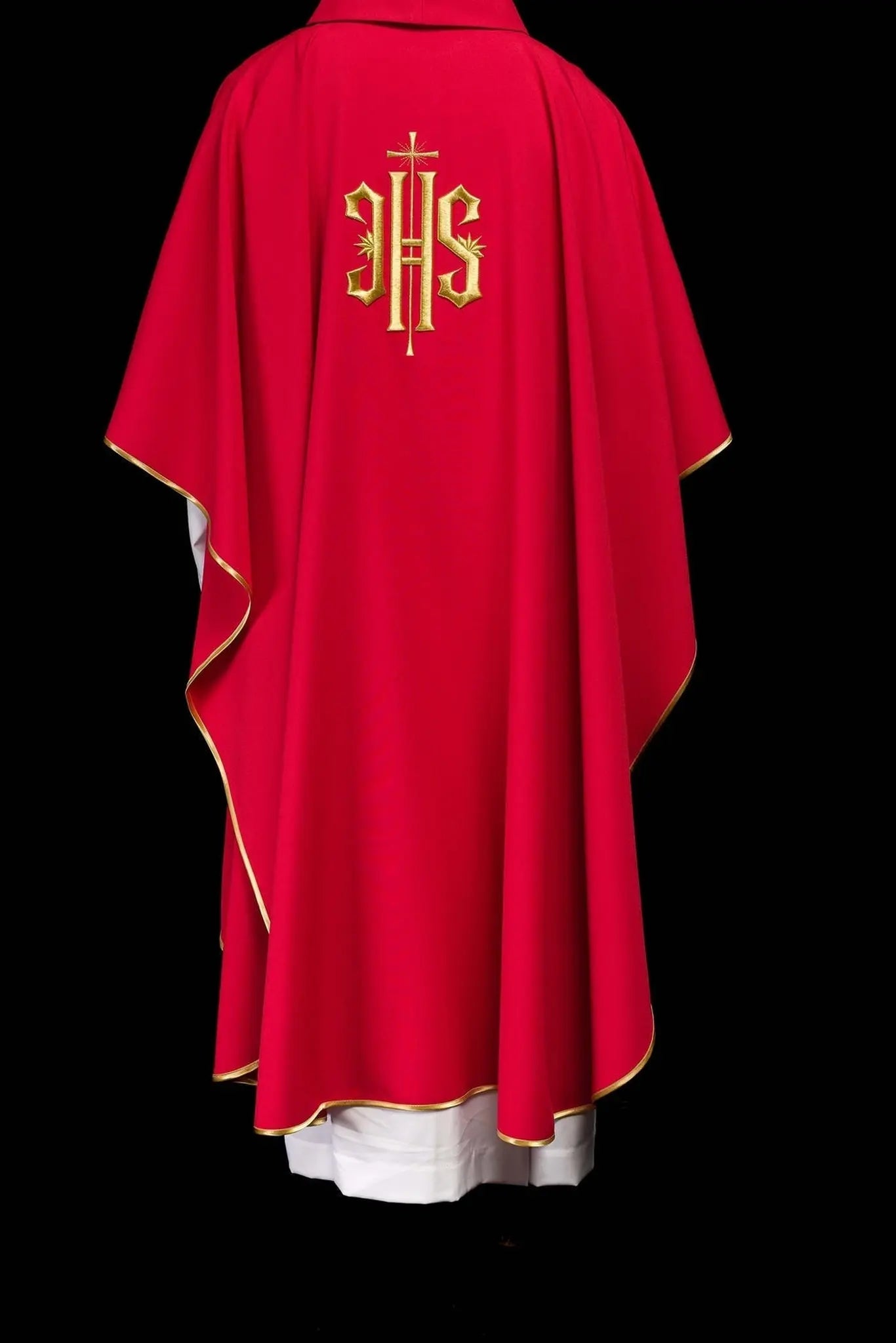 Red chasuble embroidered with gold IHS motif