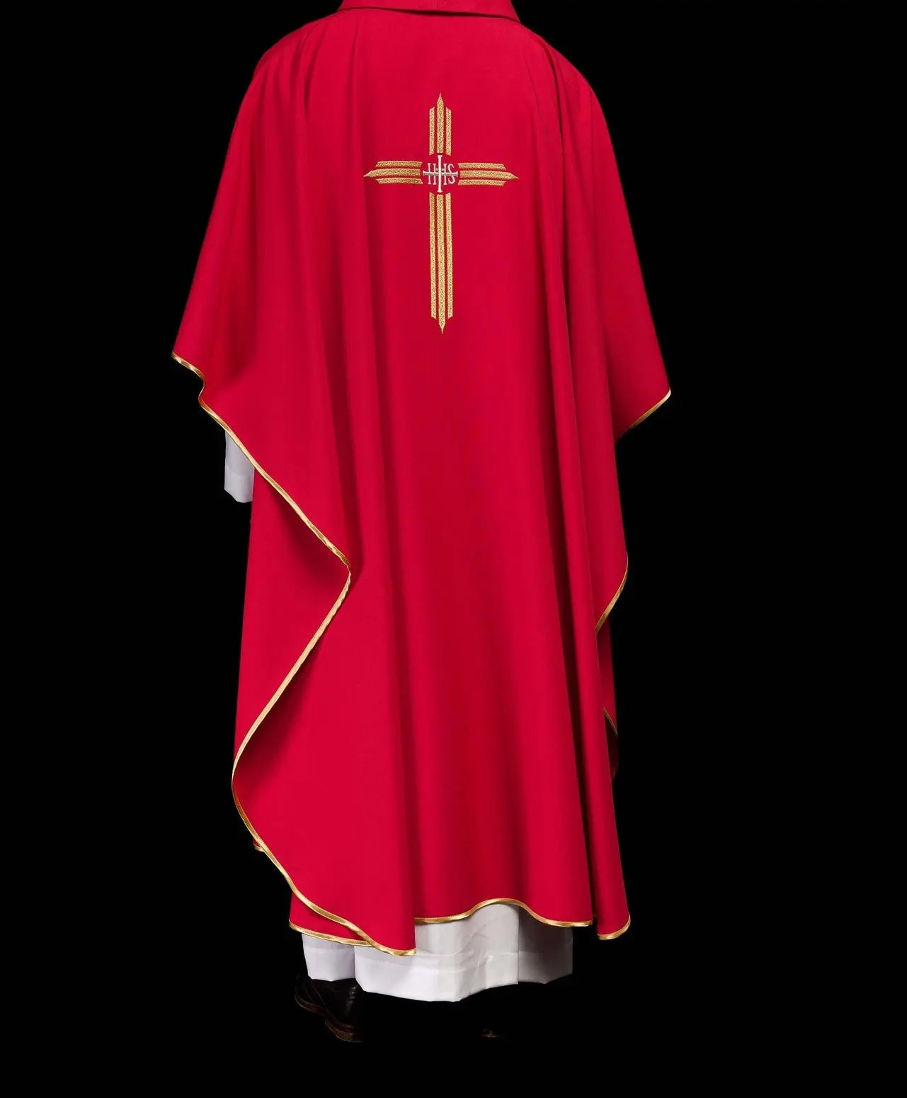 Red chasuble embroidered with IHS Cross