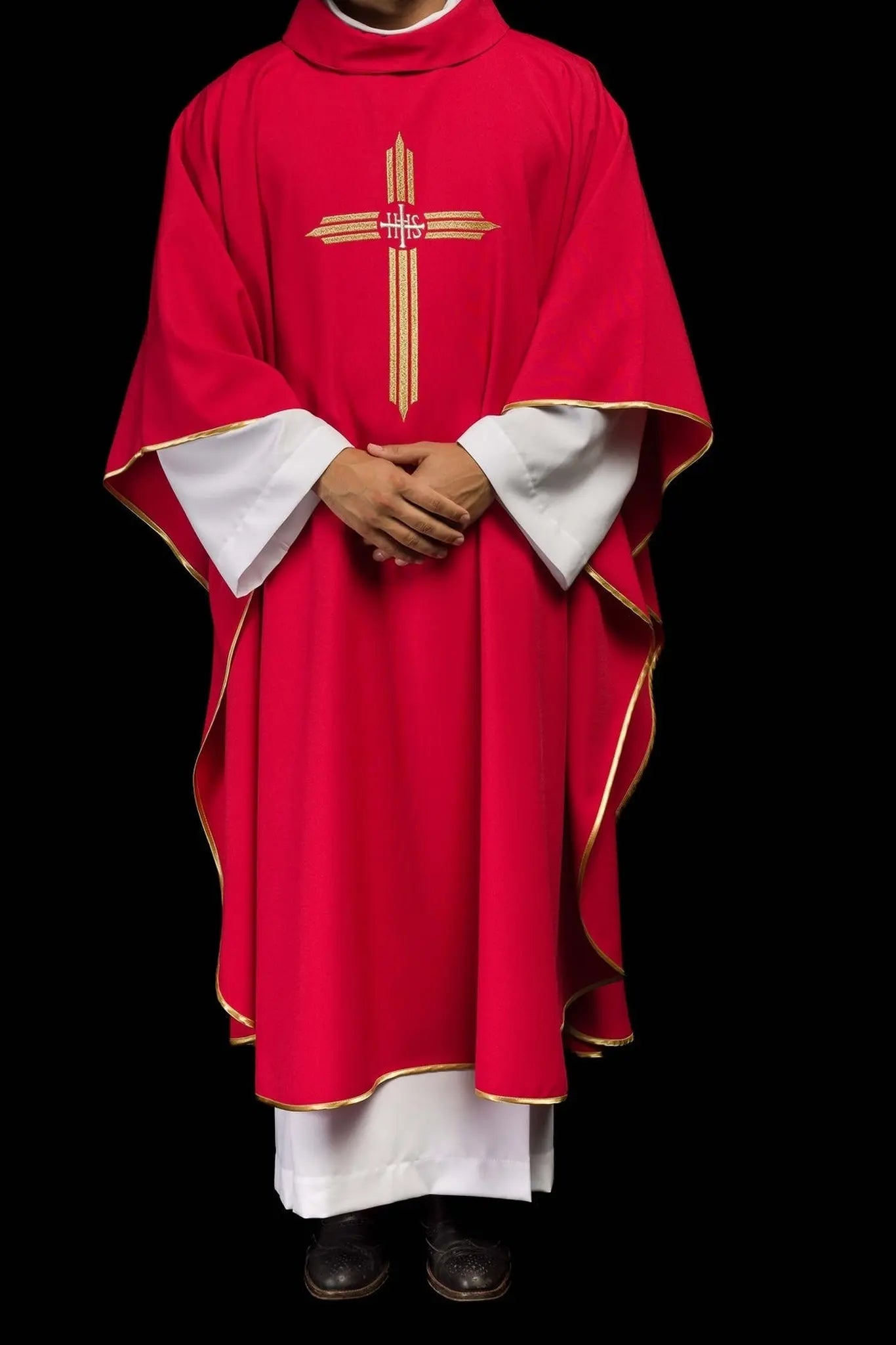 Red chasuble embroidered with IHS Cross