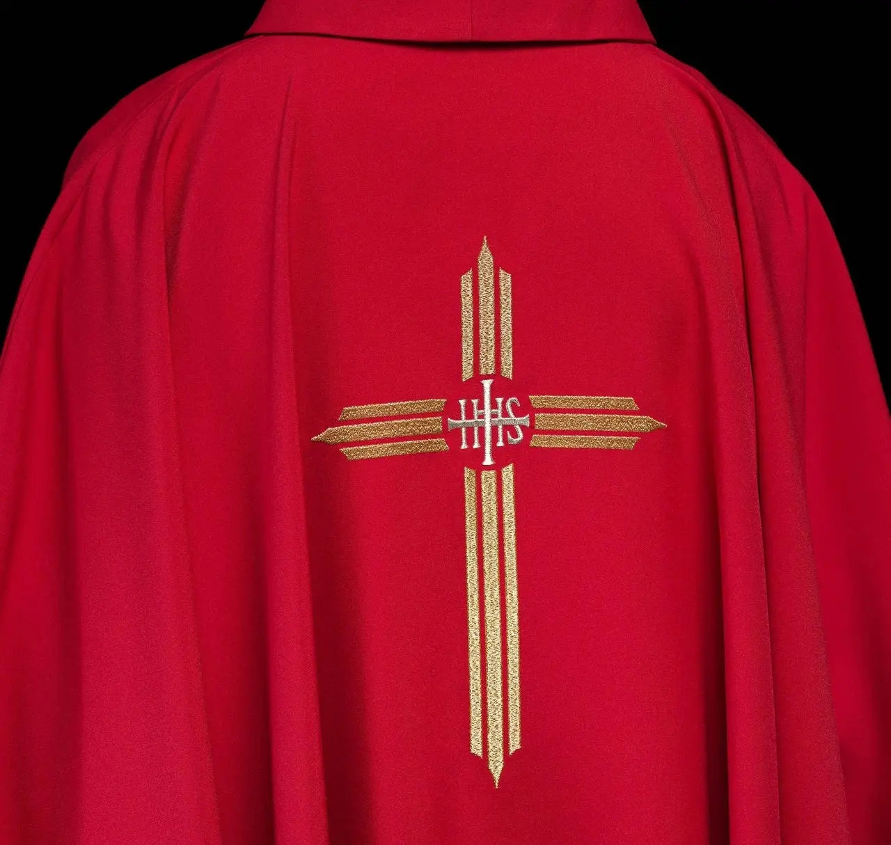 Red chasuble embroidered with IHS Cross
