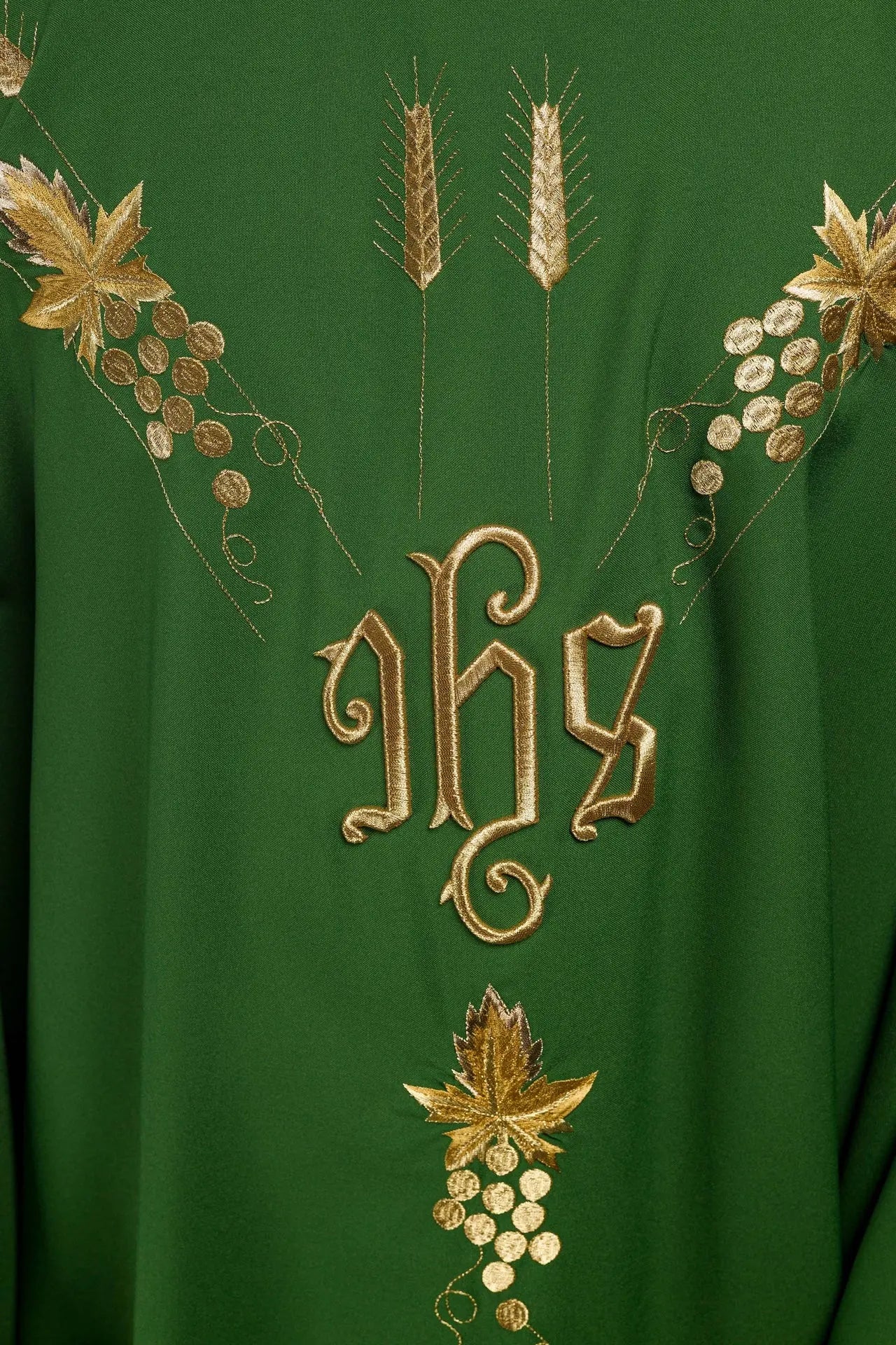 Embroidered chasuble with IHS symbol grapes Green