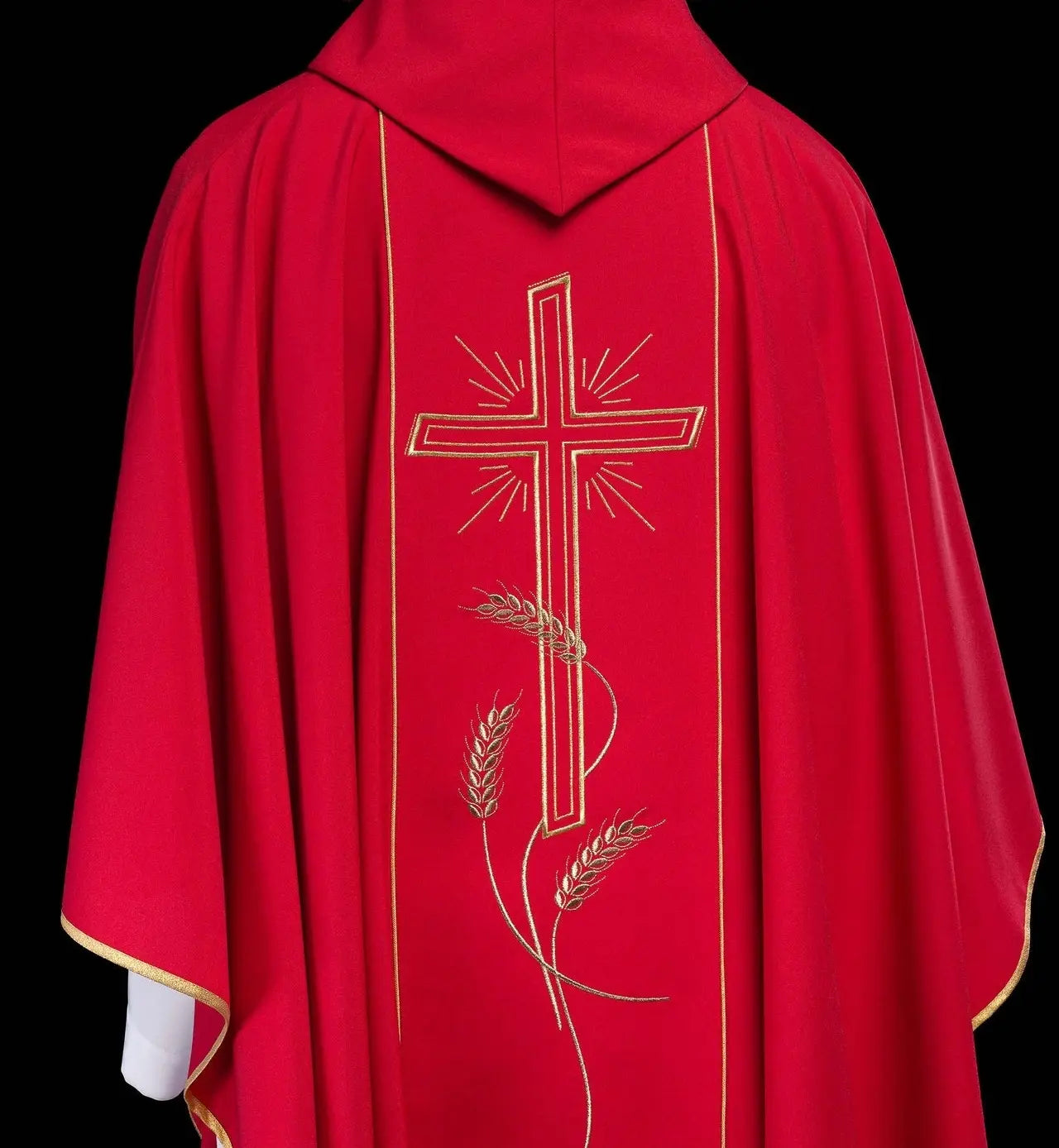 Red chasuble with wide embroidered gold stripe IHS cross