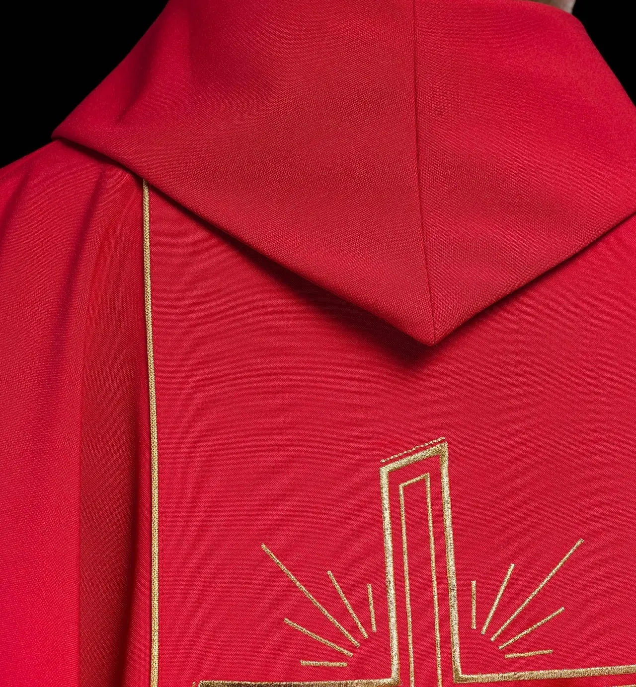Red chasuble with wide embroidered gold stripe IHS cross