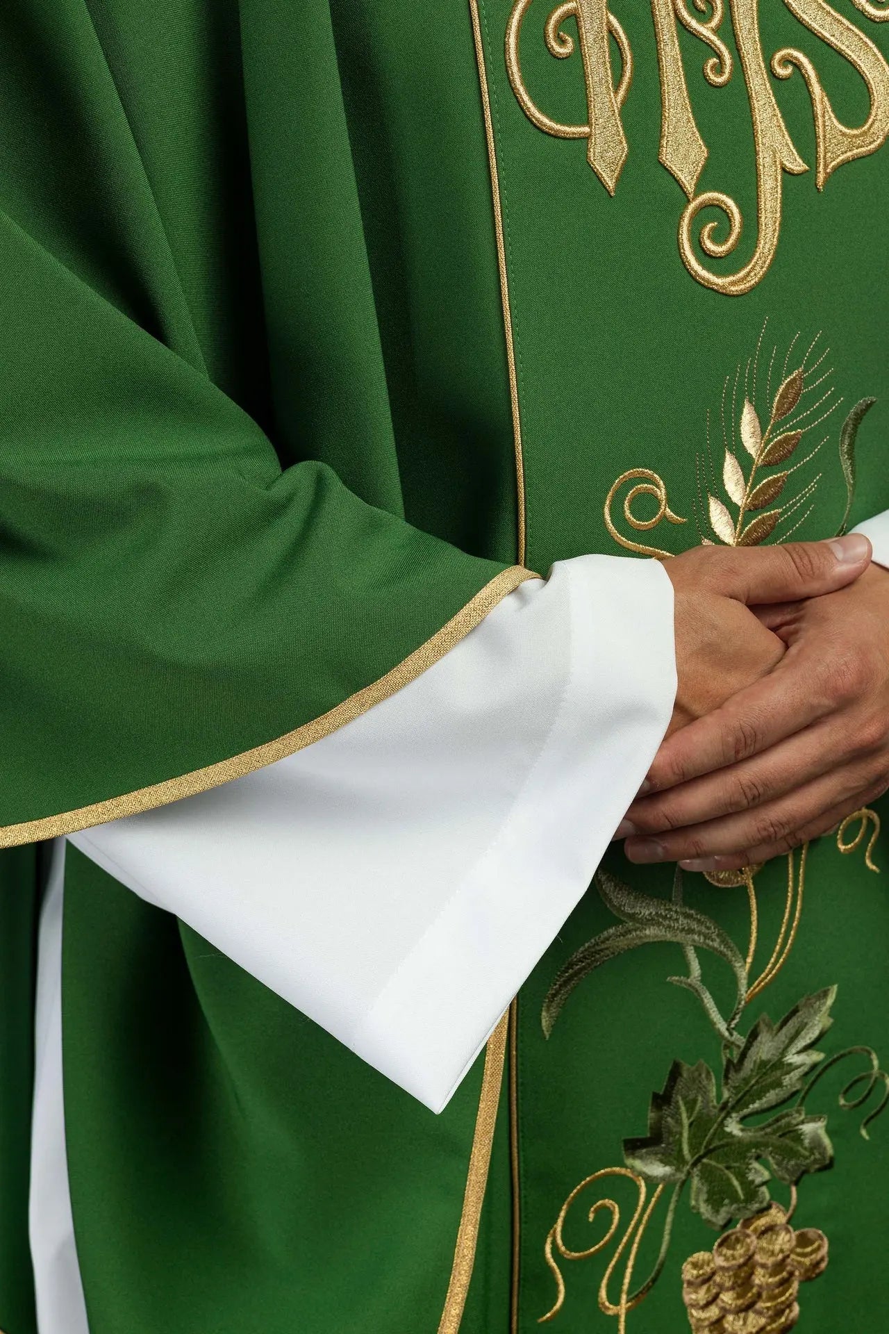Green chasuble on belt with IHS embroidery, ears and grapes