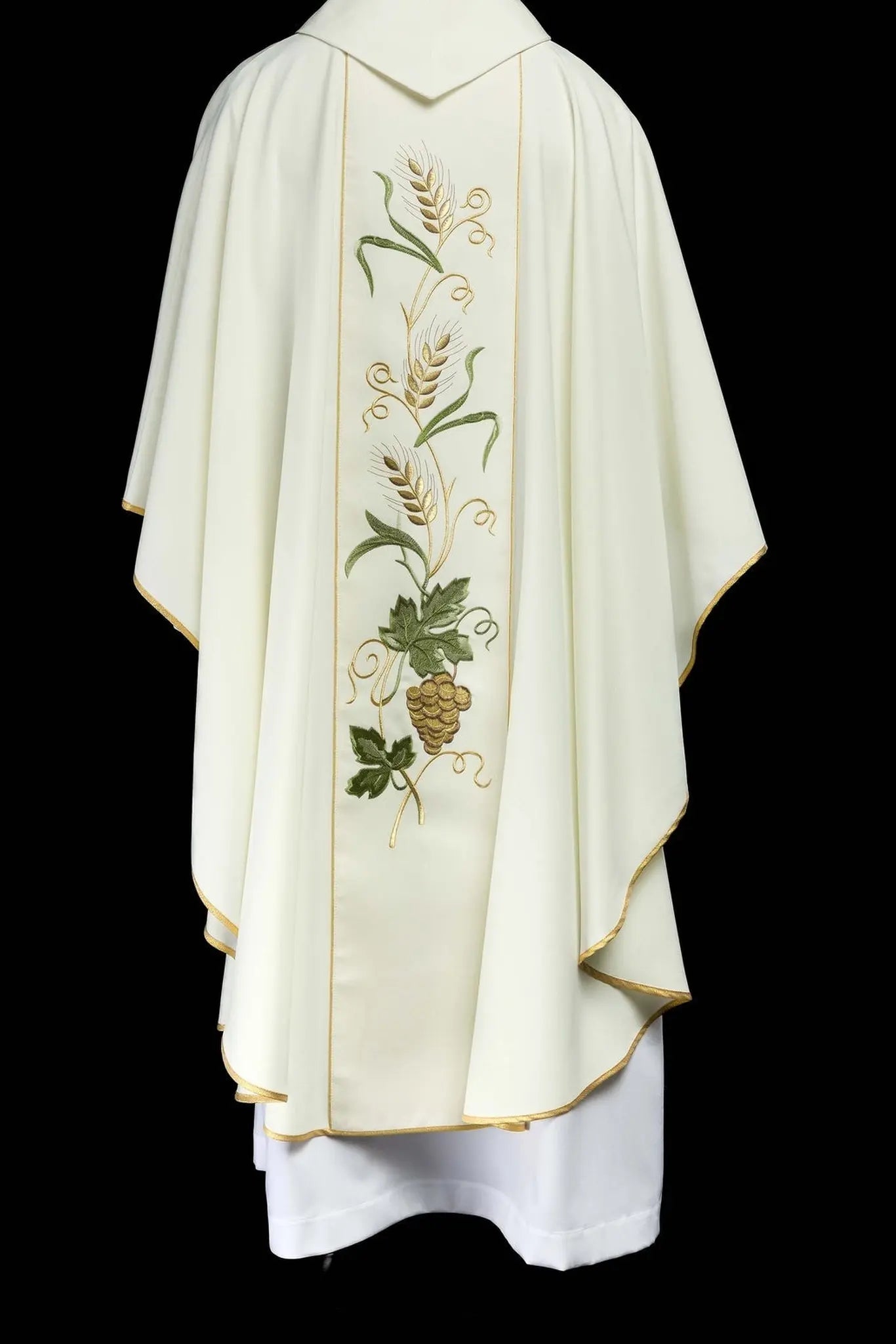 Ceinture de chasuble brodée avec symbole IHS, épis et raisins écru
