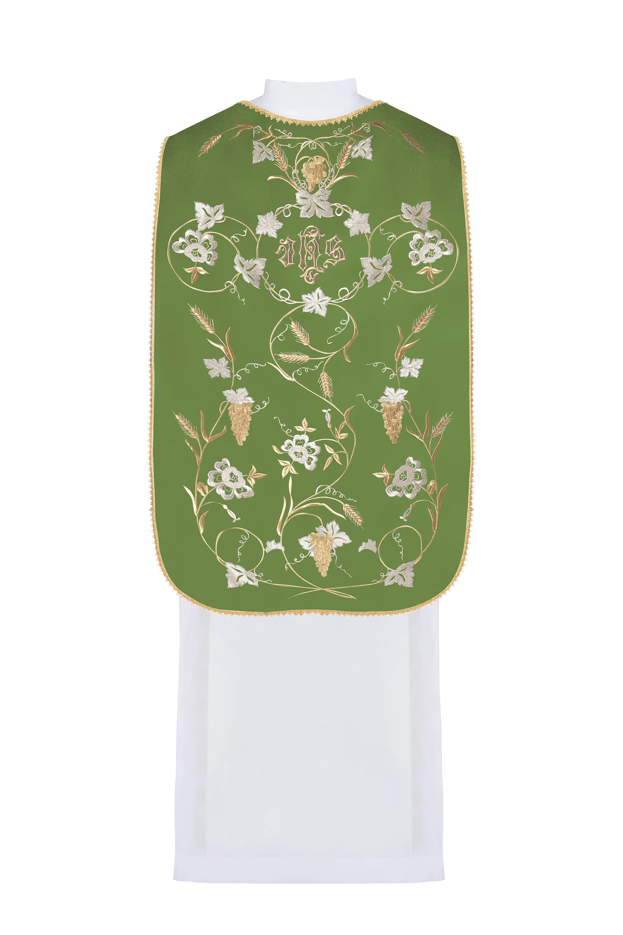 Green Roman chasuble with motif of IHS, ears and grapes