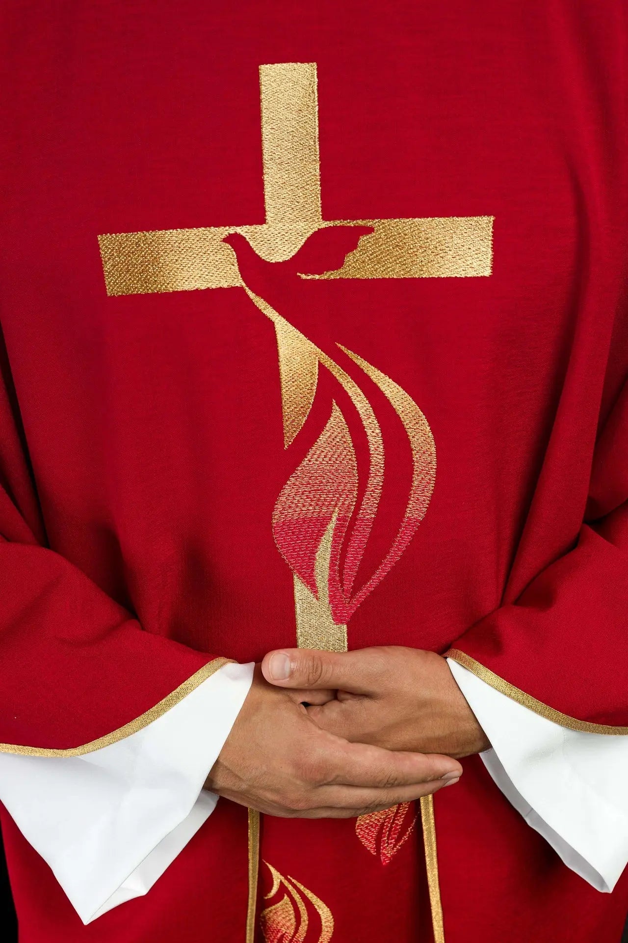 Red chasuble with Holy Spirit embroidery