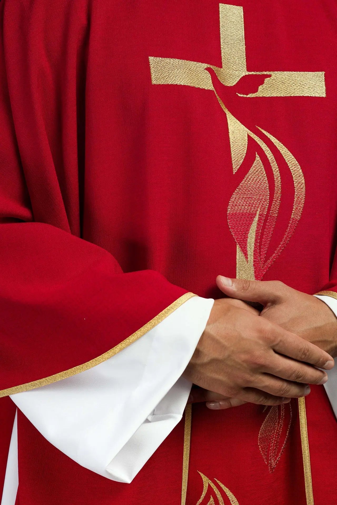 Red chasuble with Holy Spirit embroidery