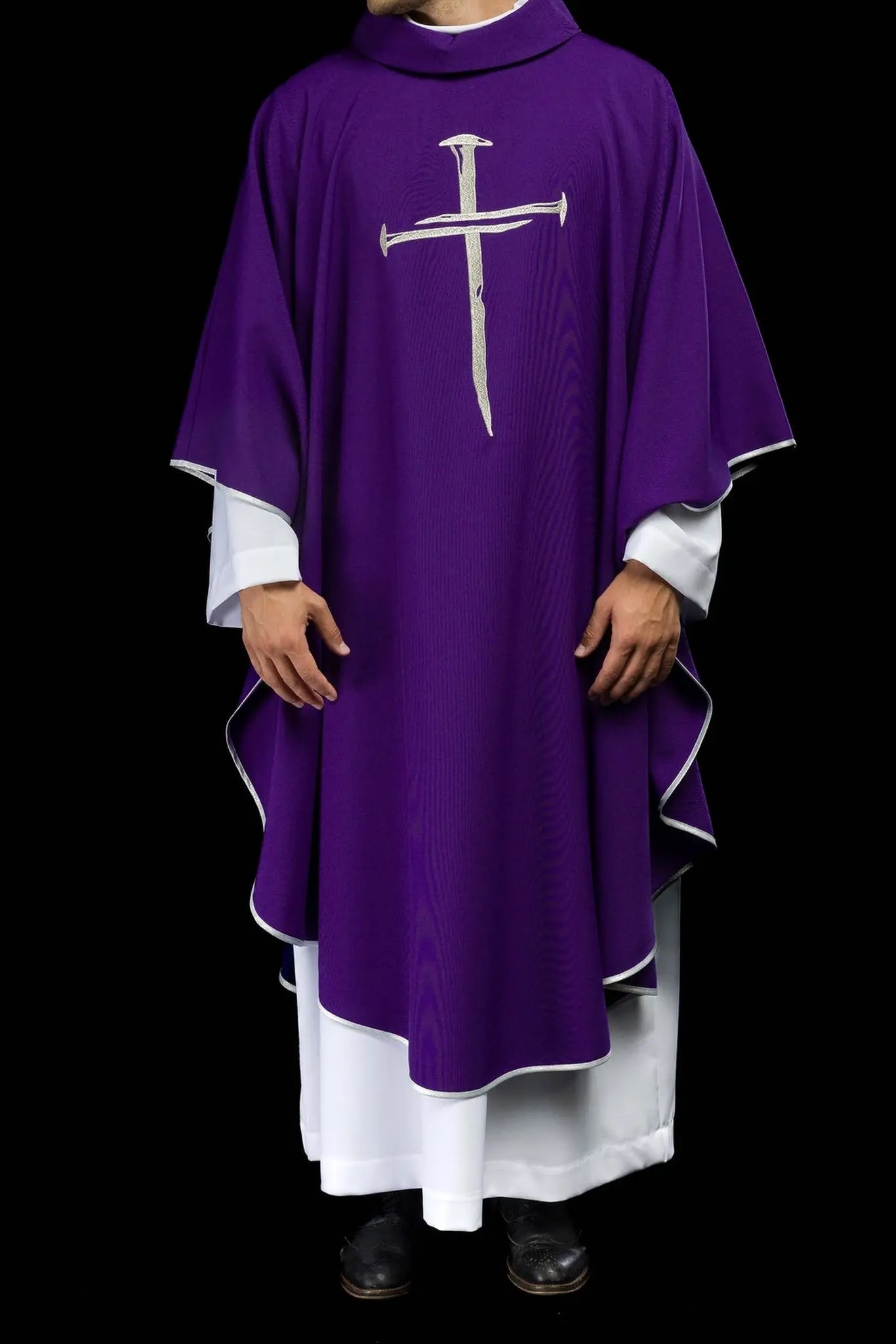 Purple chasuble with silver embroidered Cross for Lent