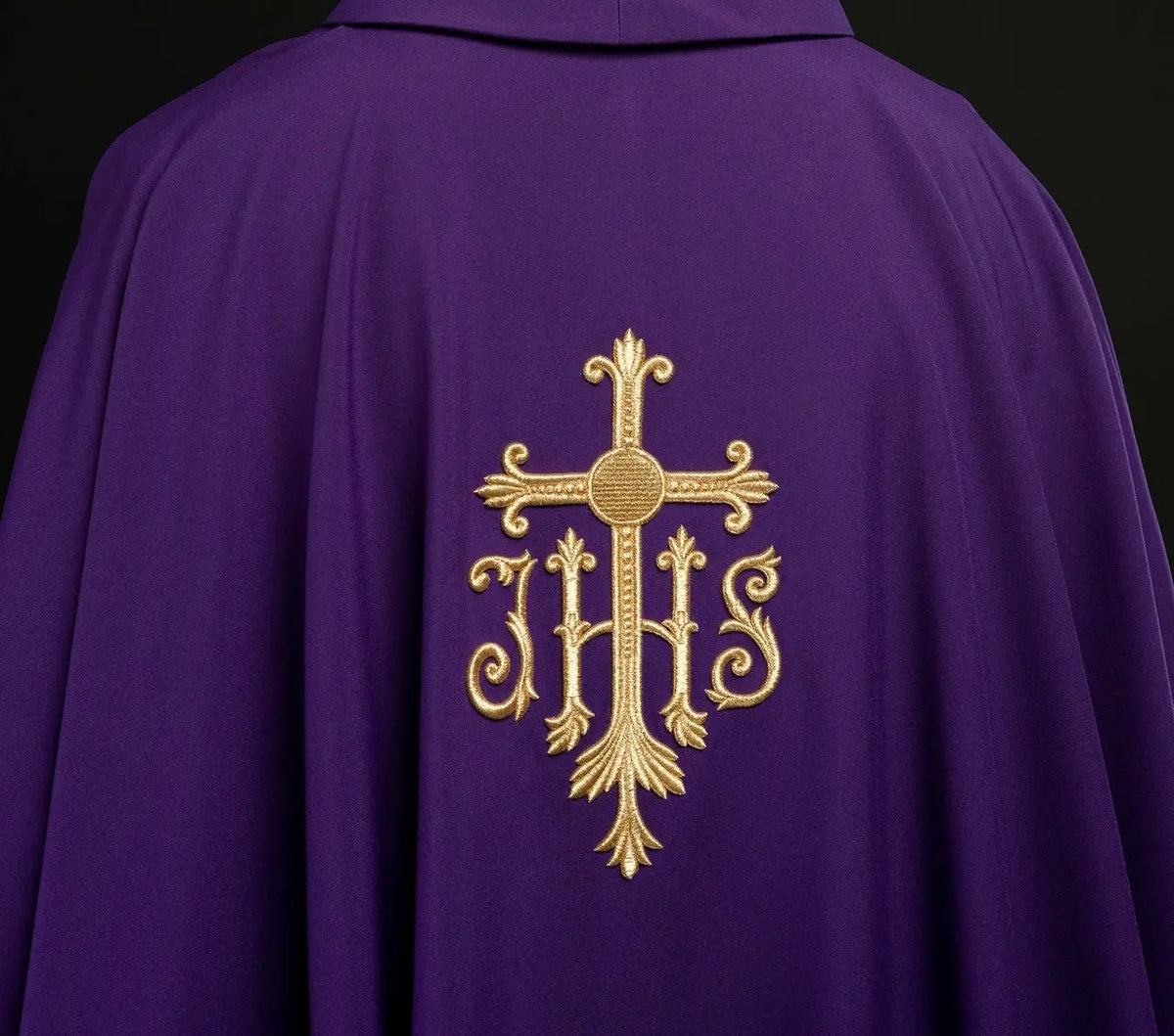 Purple embroidered chasuble with cross and JHS