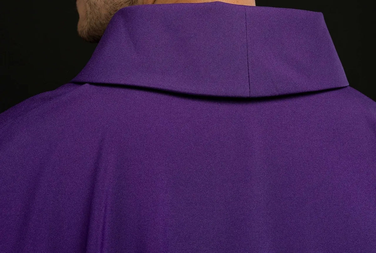 Purple embroidered chasuble with cross and JHS