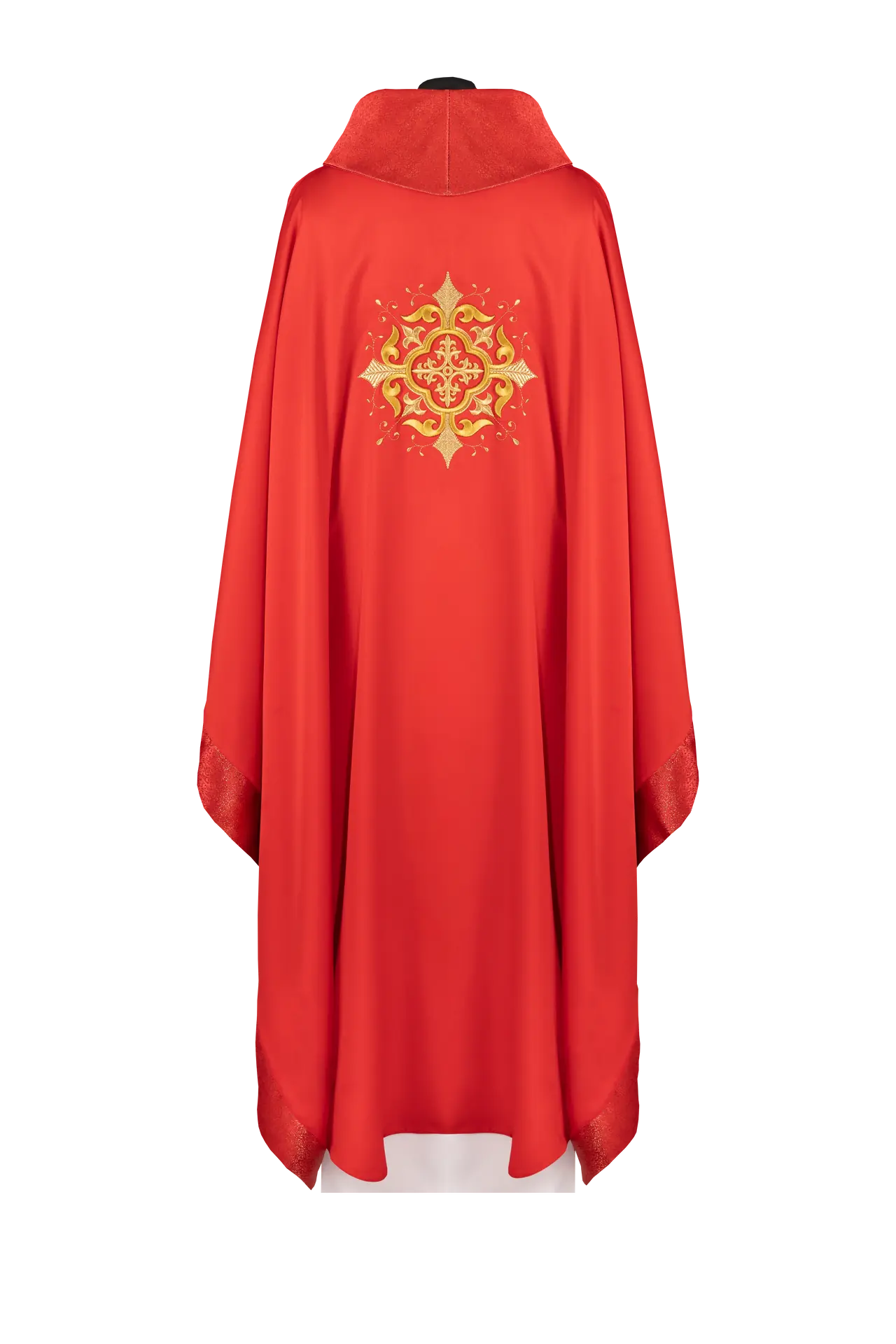 Liturgical chasuble with an embroidered cross motif and elaborate finishing red