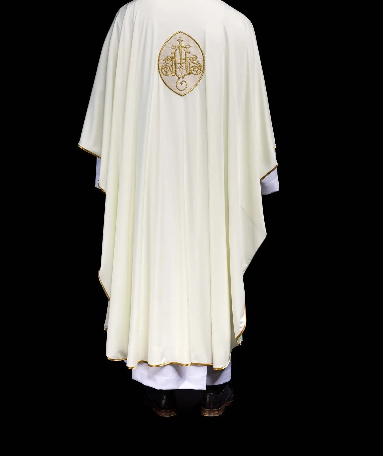 Chasuble embroidered with IHS lightweight SACROLITE knitted fabric