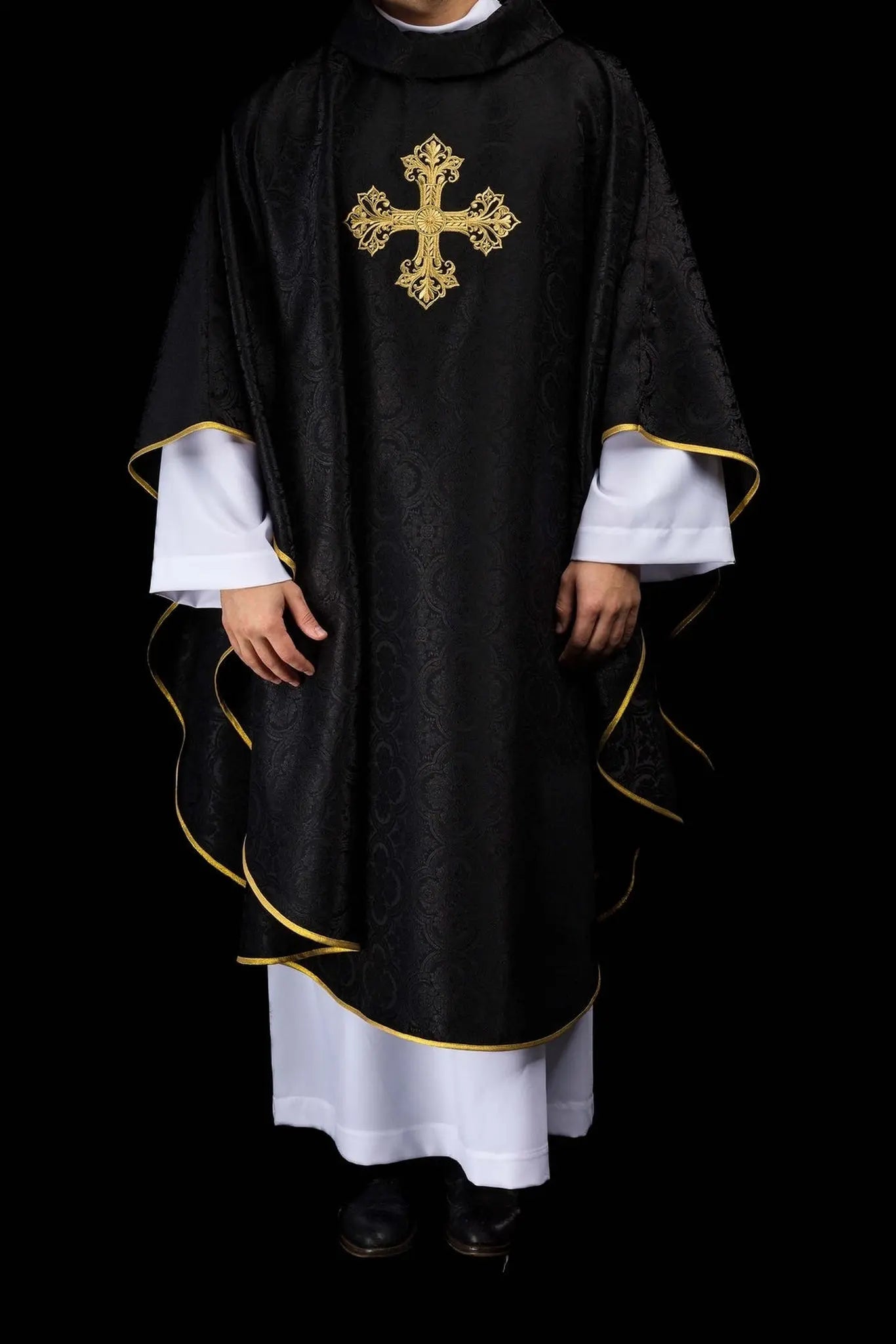 Black chasuble with cross jacquard fabric