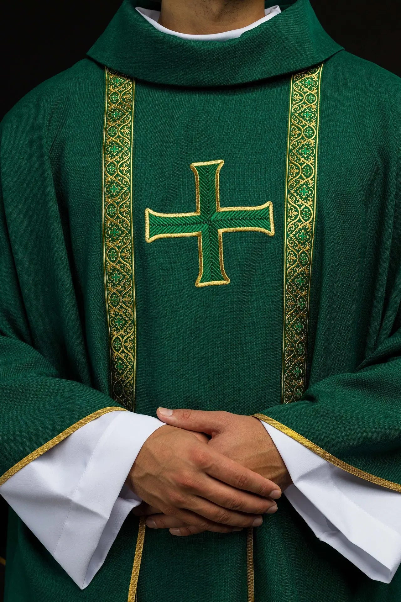 Green liturgical chasuble with embroidered cross and jacquard bands