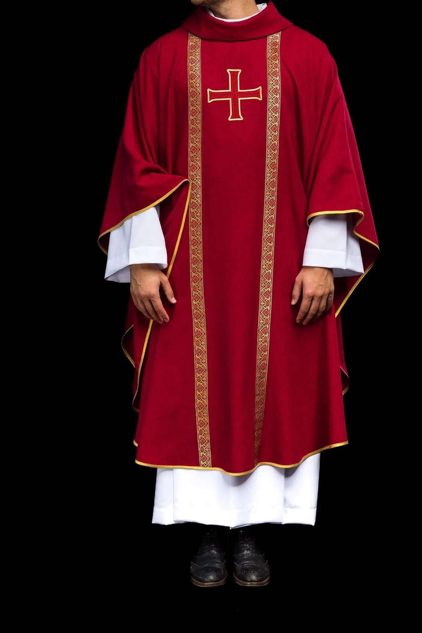 Red liturgical chasuble with embroidered cross and jacquard bands