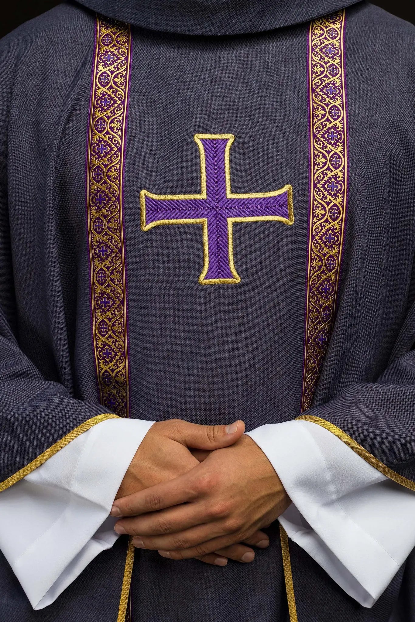 Purple liturgical chasuble with embroidered cross and jacquard bands