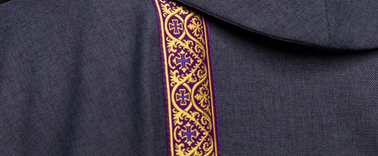 Purple liturgical chasuble with embroidered cross and jacquard bands