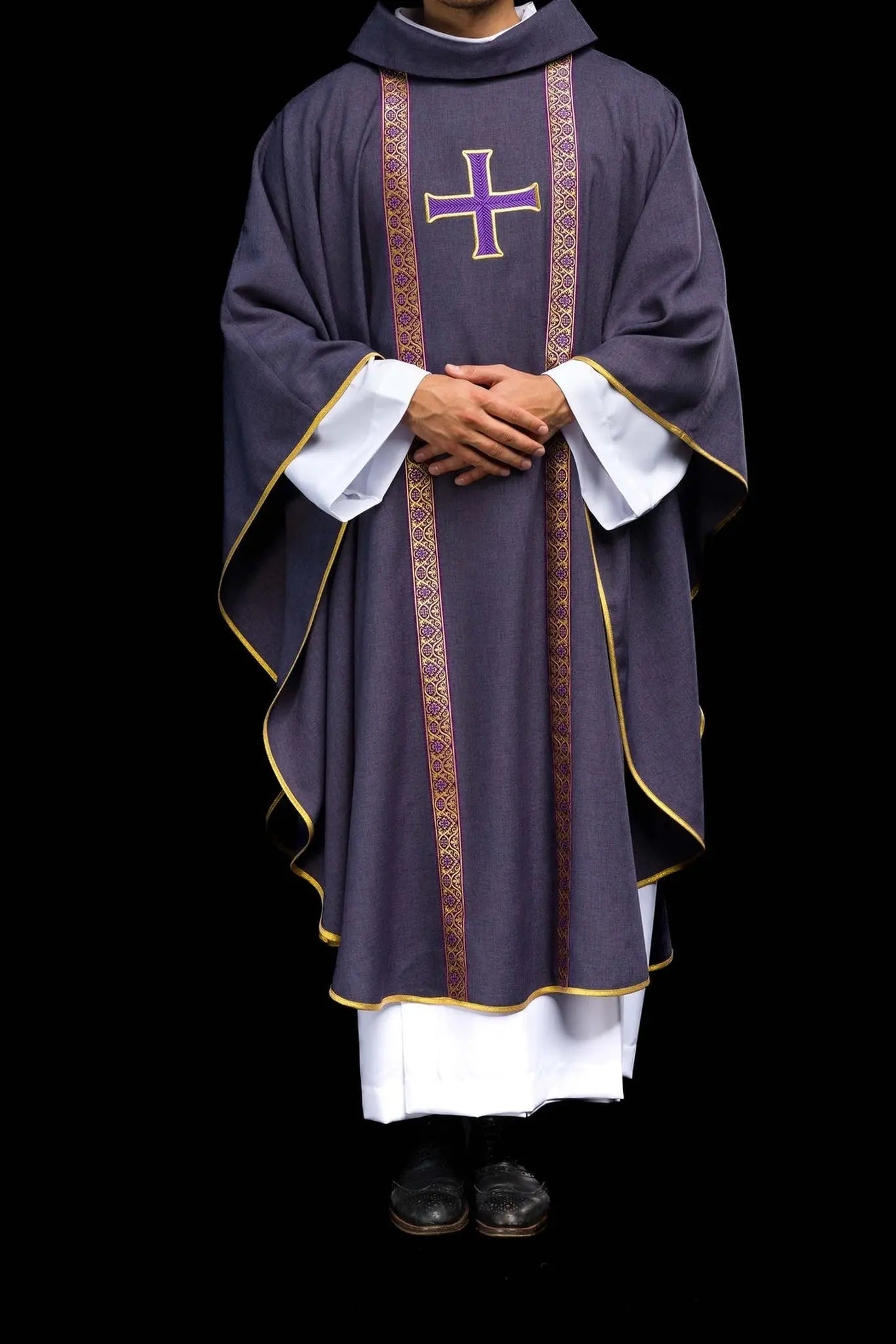 Purple liturgical chasuble with embroidered cross and jacquard bands