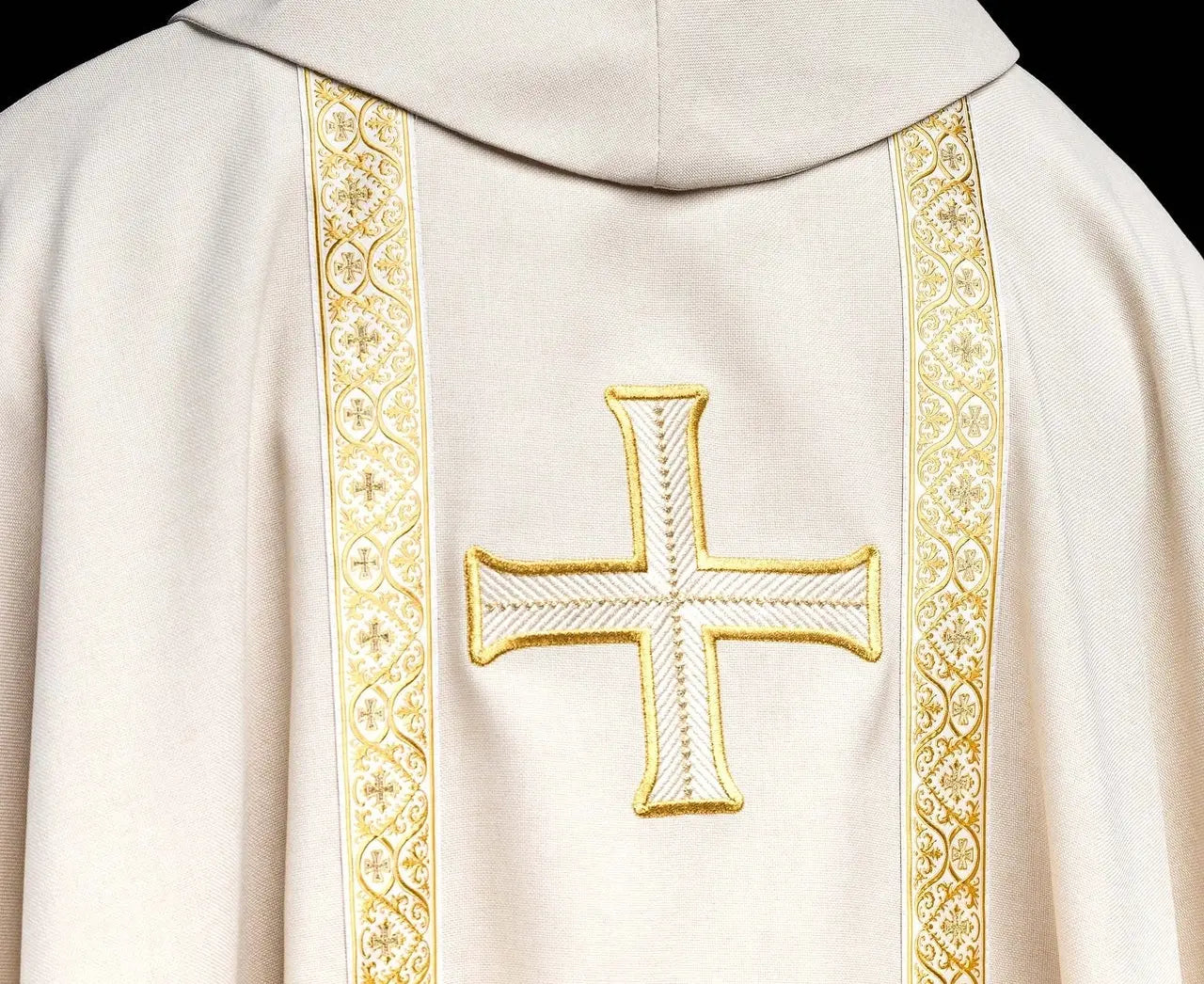 Ecru liturgical chasuble with embroidered cross and jacquard bands