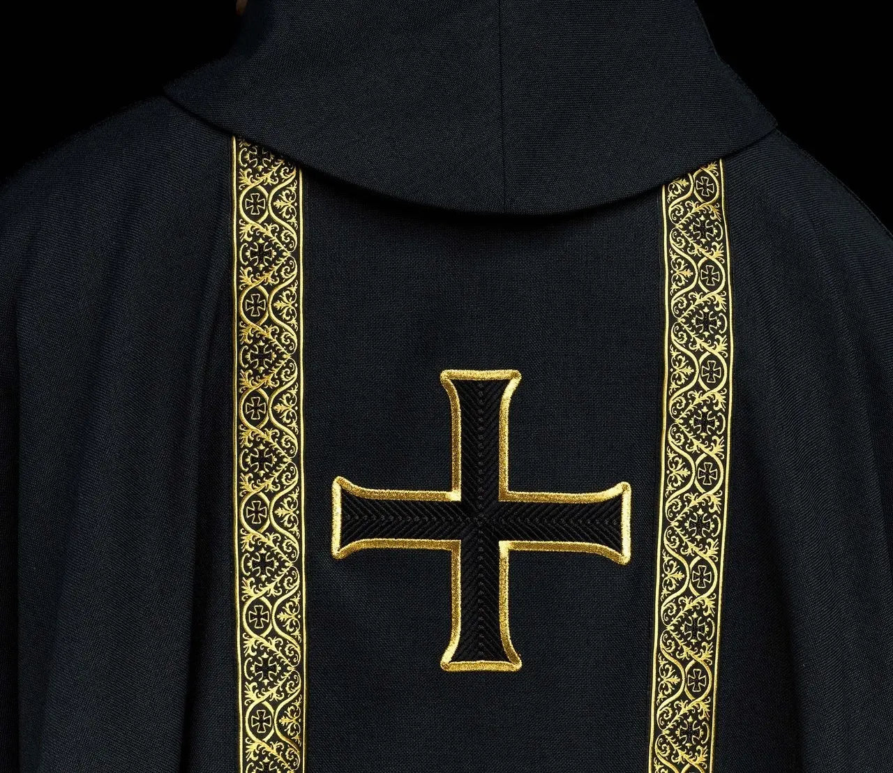 Black liturgical chasuble with embroidered cross and jacquard bands