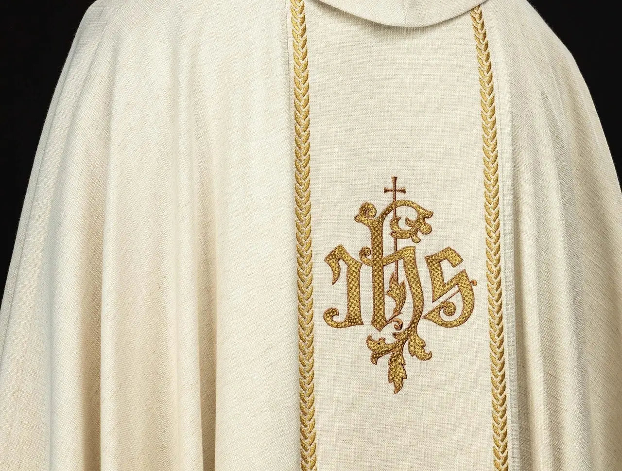 Ecru Chasuble with Good Shepherd Embroidery and Decorative Orphrey Bands