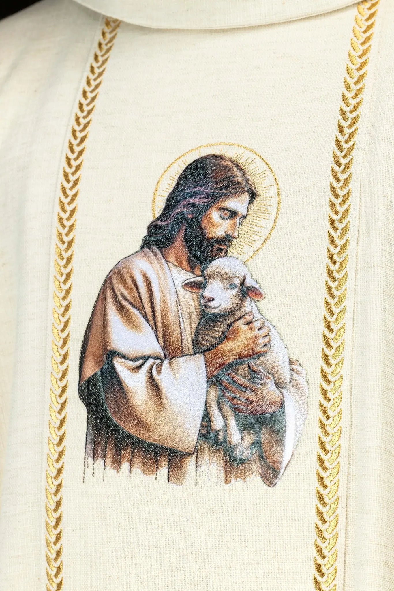 Ecru Chasuble with Good Shepherd Embroidery and Decorative Orphrey Bands
