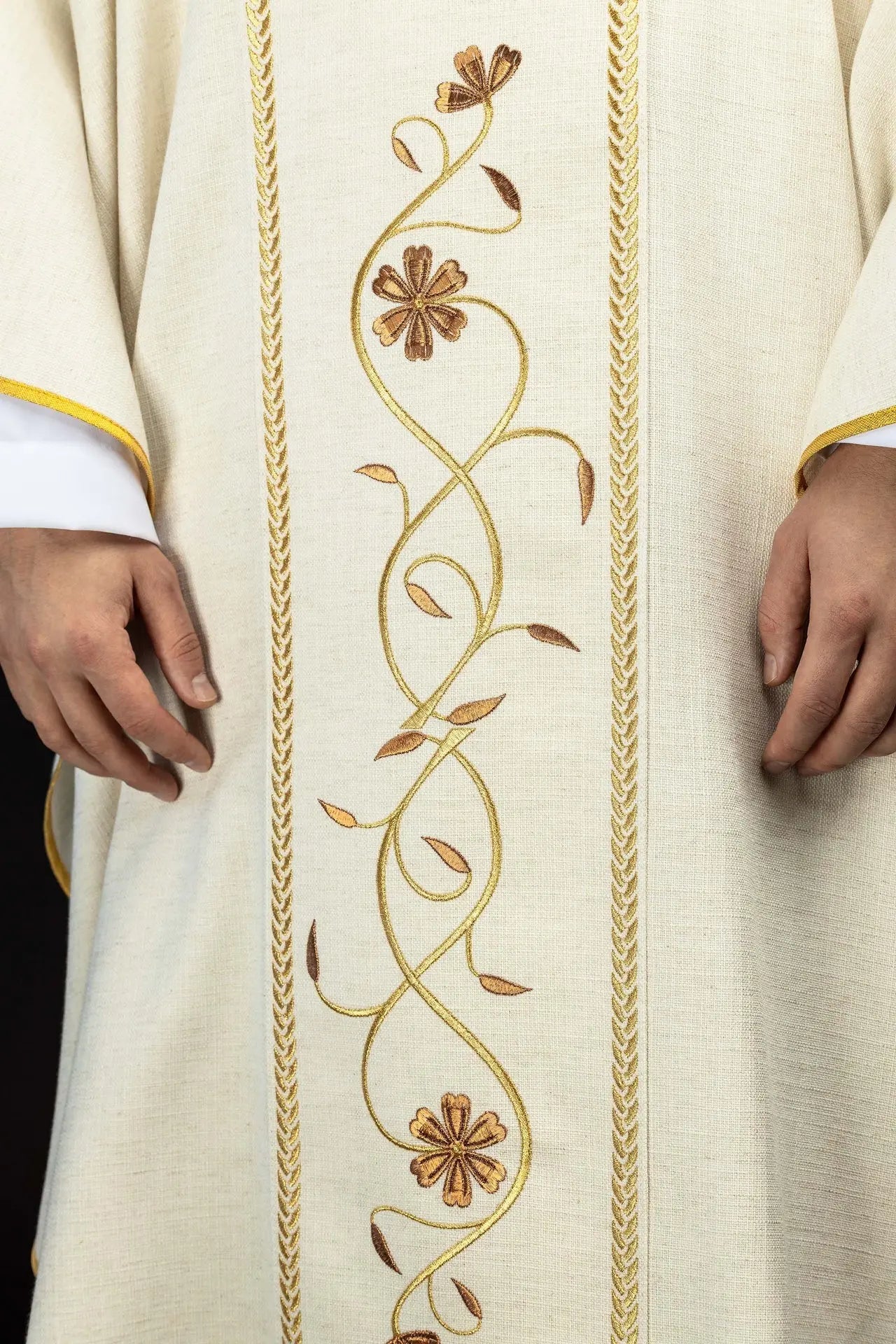 Ecru Chasuble with Good Shepherd Embroidery and Decorative Orphrey Bands