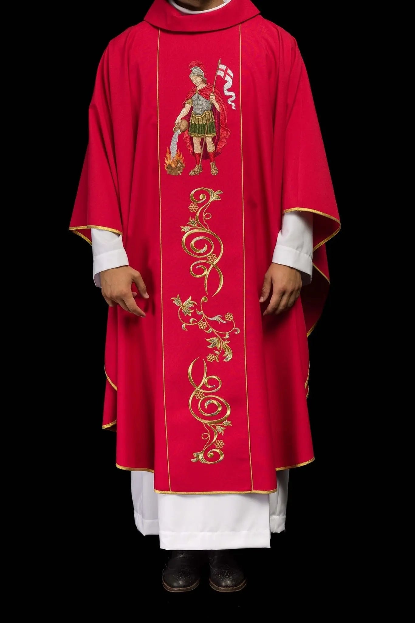 Richly embroidered chasuble featuring an image of Saint Florian