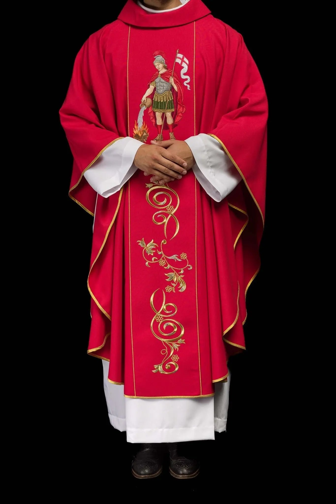 Richly embroidered chasuble featuring an image of Saint Florian