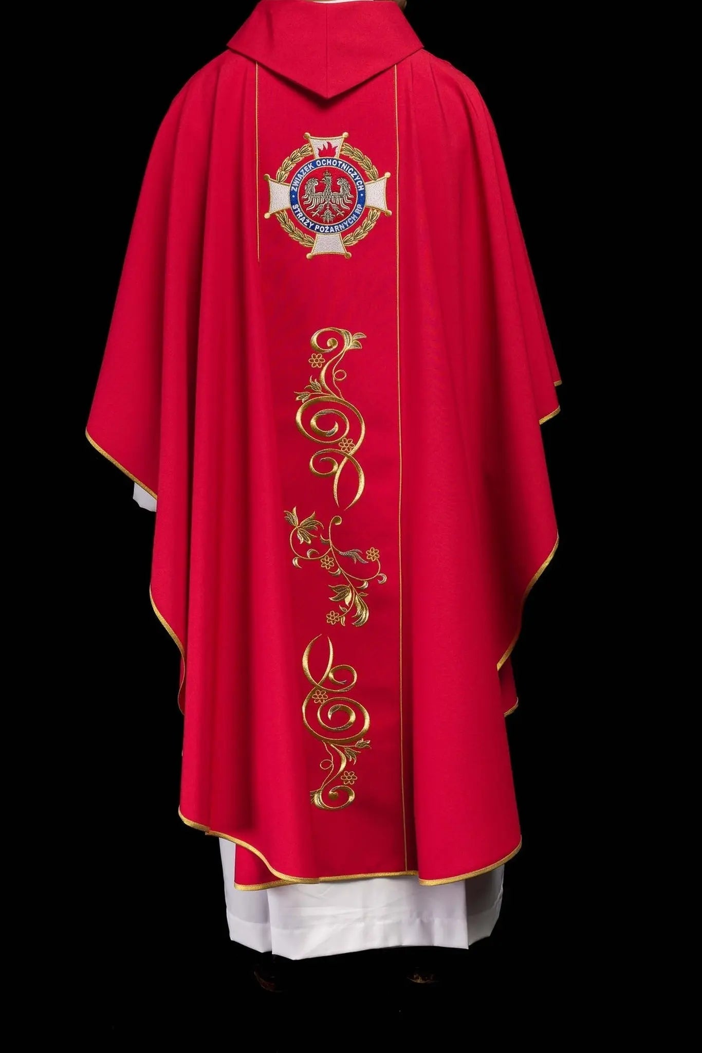 Richly embroidered chasuble featuring an image of Saint Florian