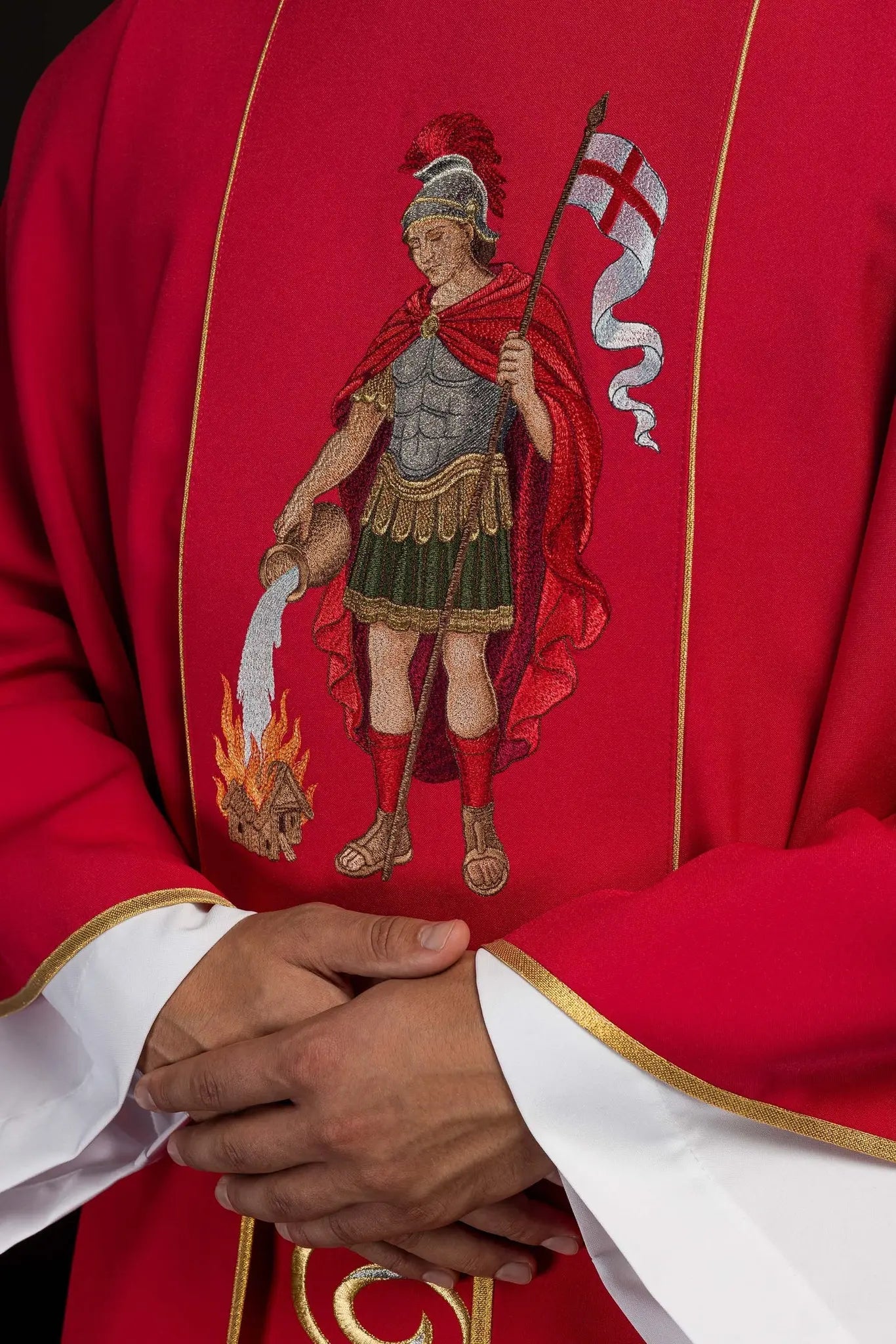 Richly embroidered chasuble featuring an image of Saint Florian